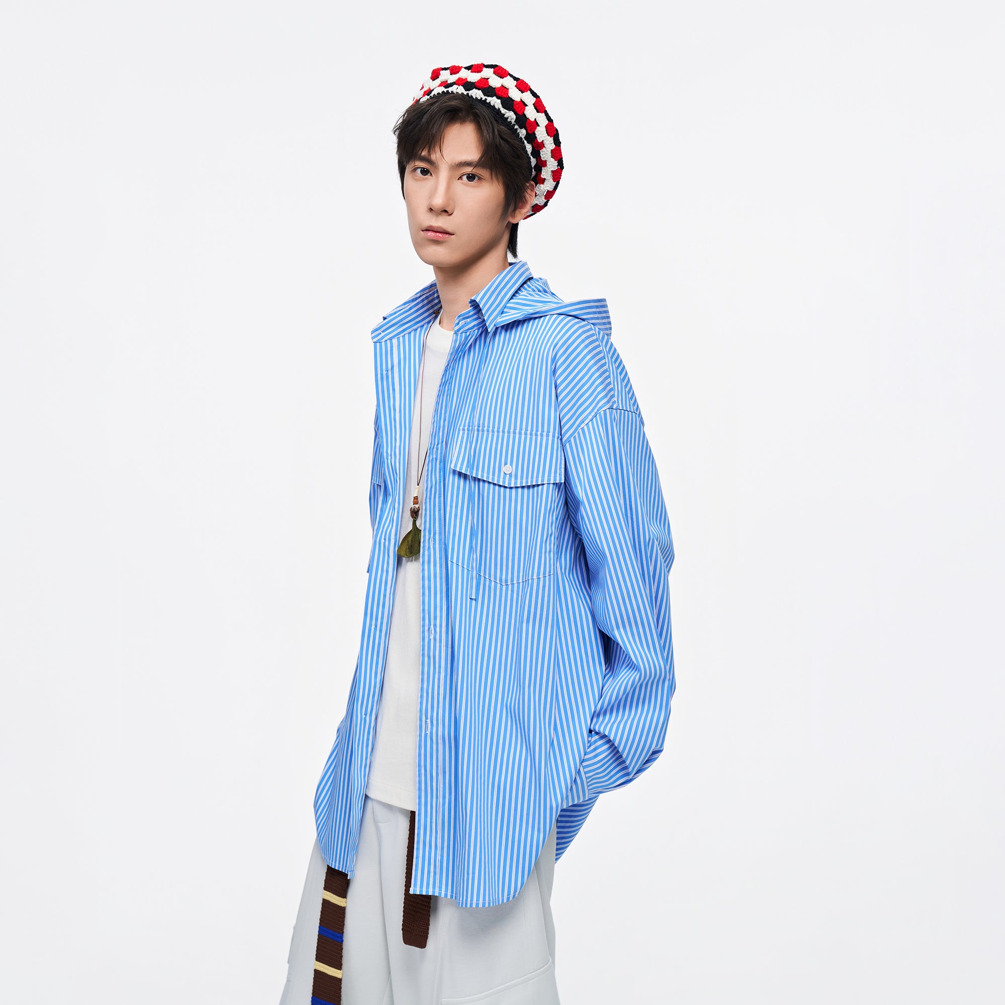 OVERLAPS Stripe Detachable-Hood Shirt, premium urban and streetwear designers apparel on PROJECTISR.com, OVERLAPS