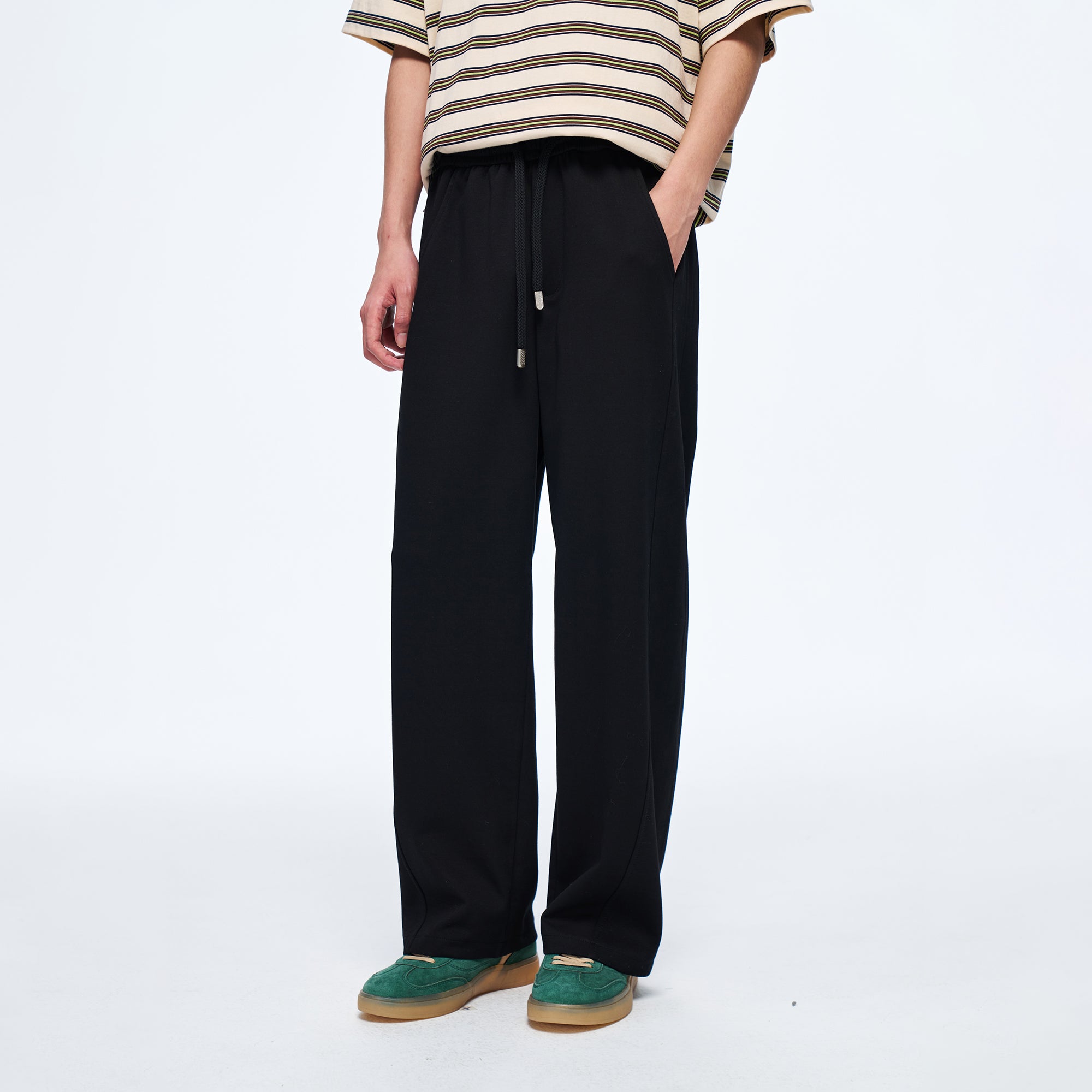 OVERLAPS Elastic-Waist Straight-Leg Pants Black, premium urban and streetwear designers apparel on PROJECTISR.com, OVERLAPS