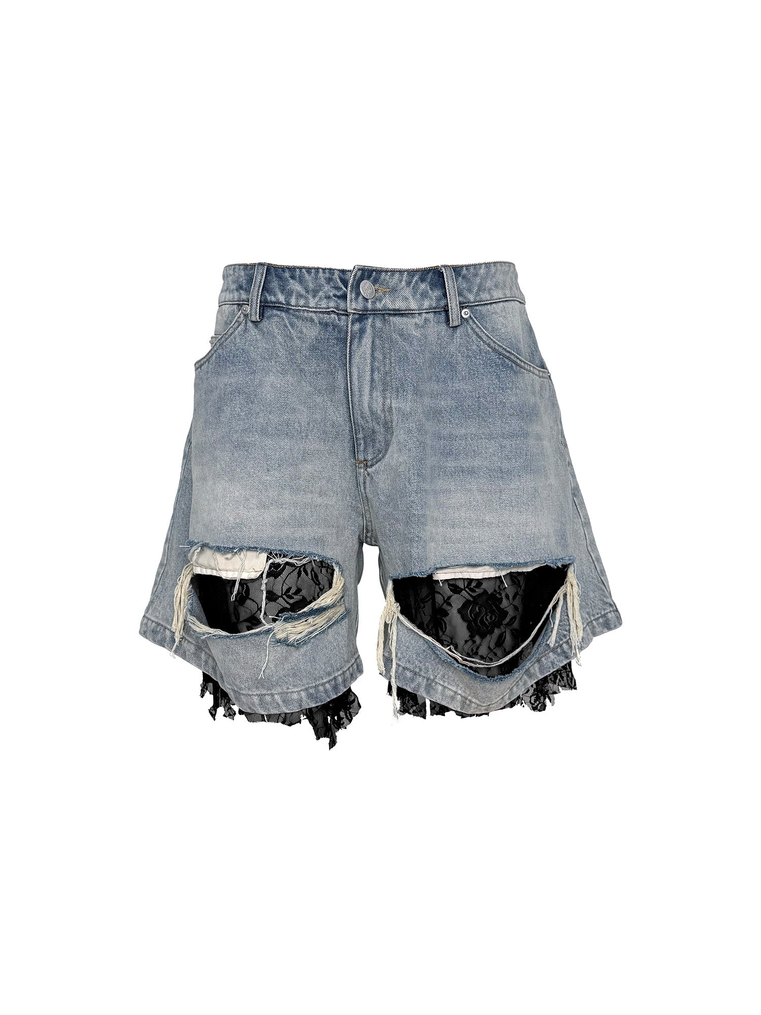 PCCVISION Lace-Spliced Denim Shorts, premium urban and streetwear designers apparel on PROJECTISR.com, PCCVISION