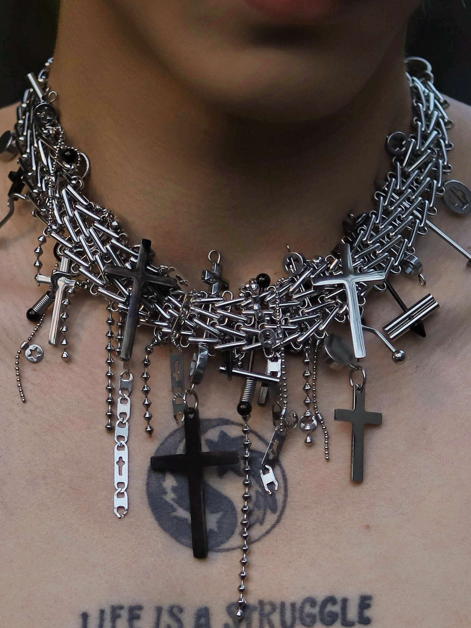 NUNKNOTX Handmade Cross Charm Punk Necklace