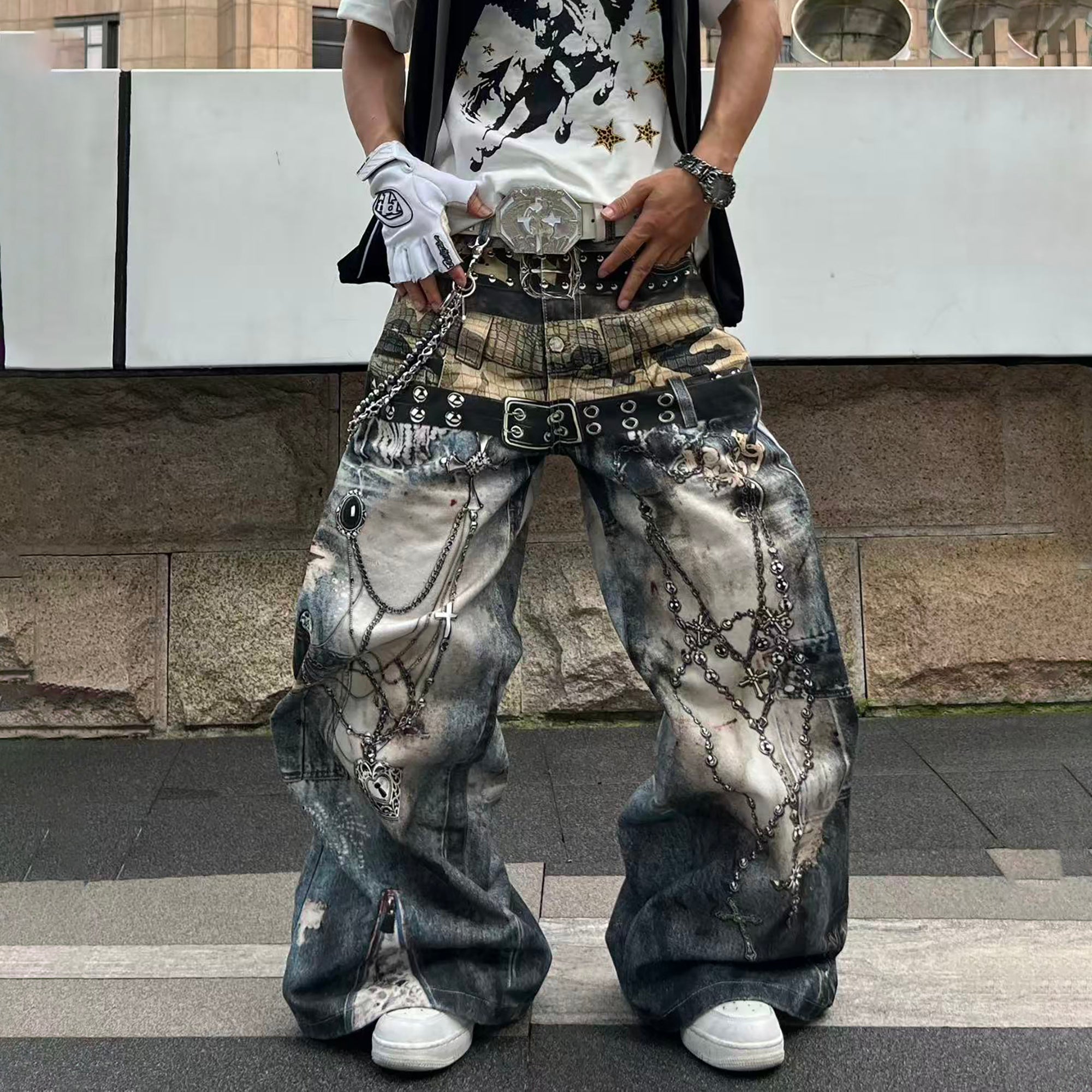 YIZILINGF Graphic Distressed Baggy Jeans