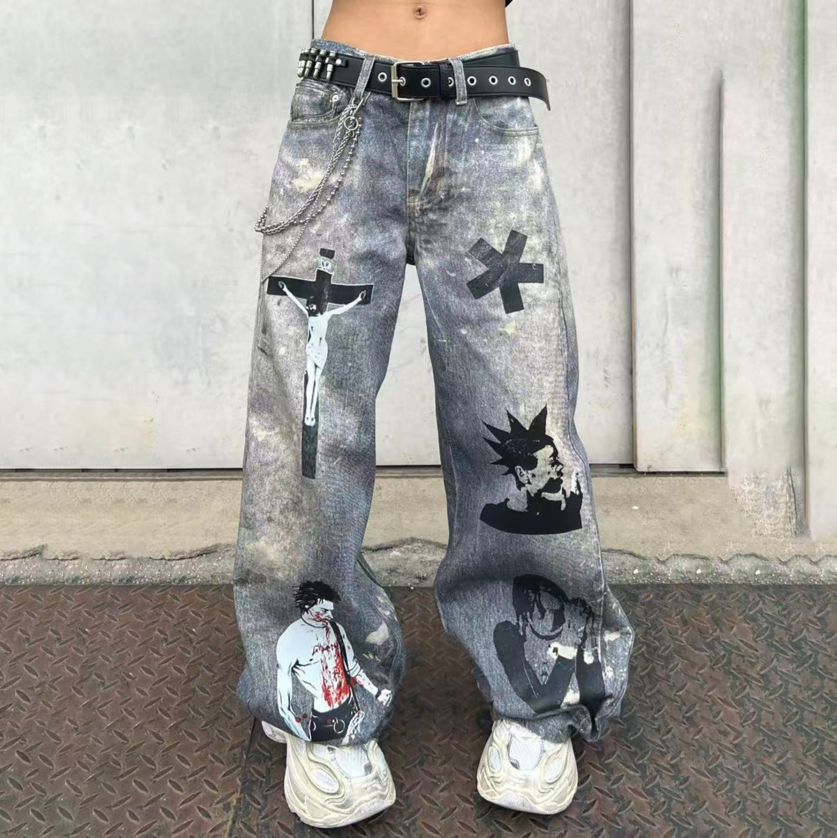 YIZILINGF Cross Graphic Oversized Jeans