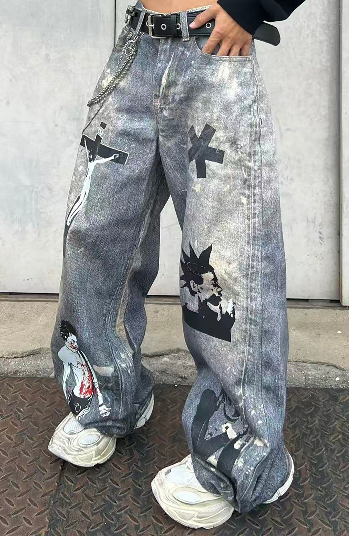 YIZILINGF Cross Graphic Oversized Jeans