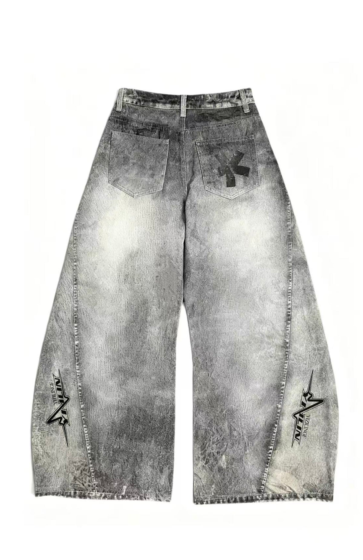 YIZILINGF Dirty-Dye Full-Print Curved Baggy Jeans