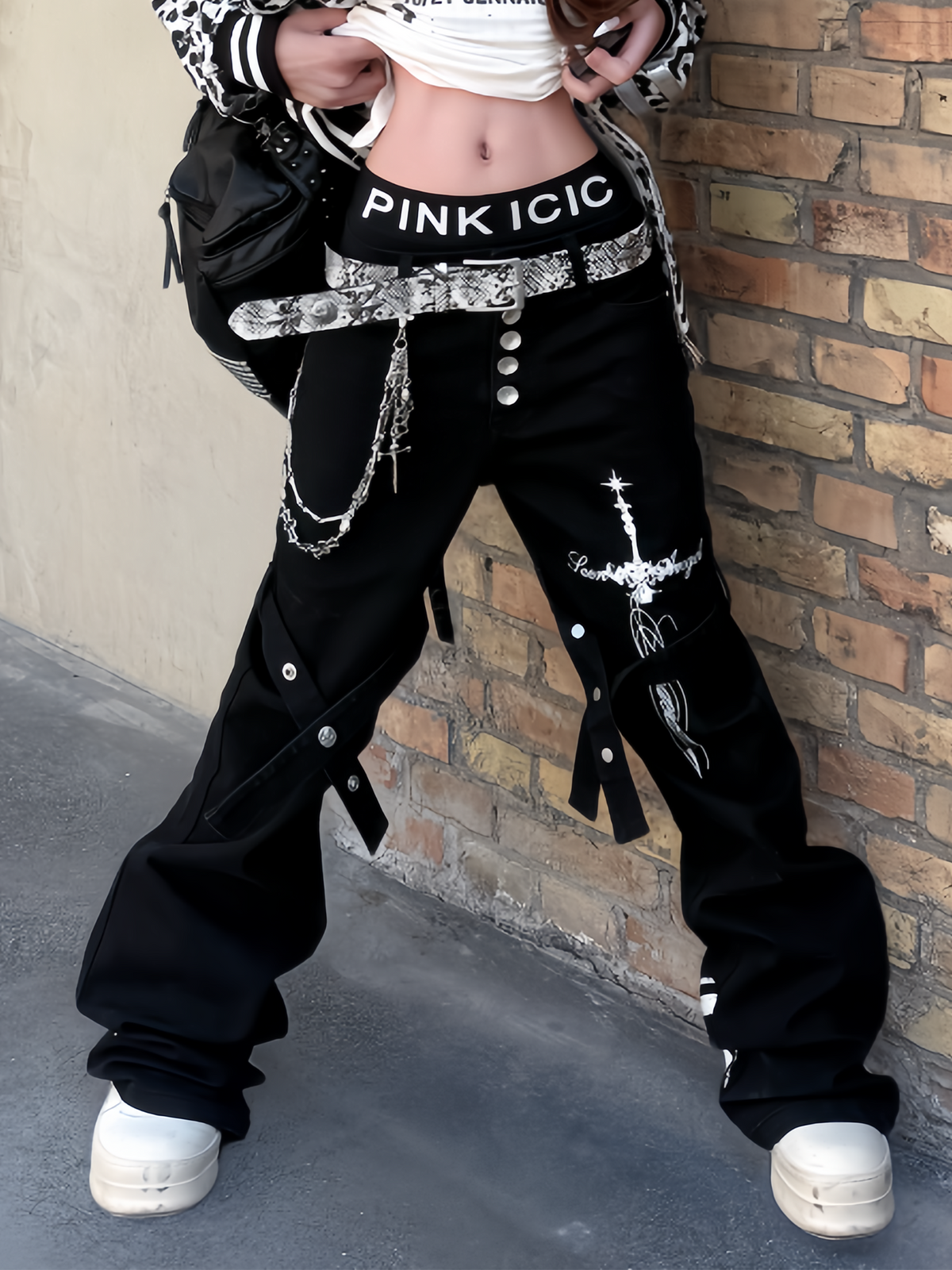 PASET Retro Gothic Lace-Up Slim Flared Jeans