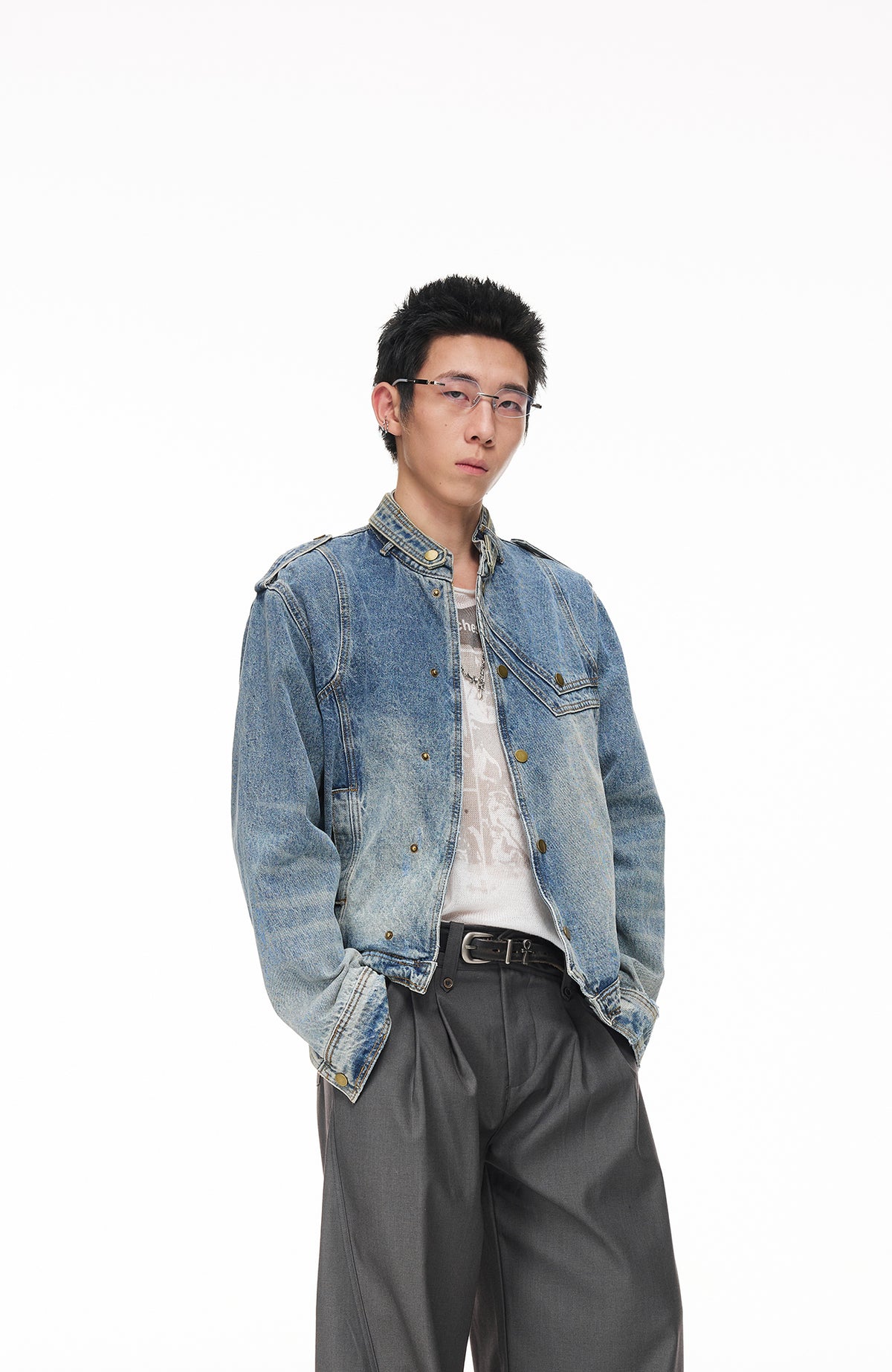 BOTANIC Washed Distressed Denim Biker Jacket