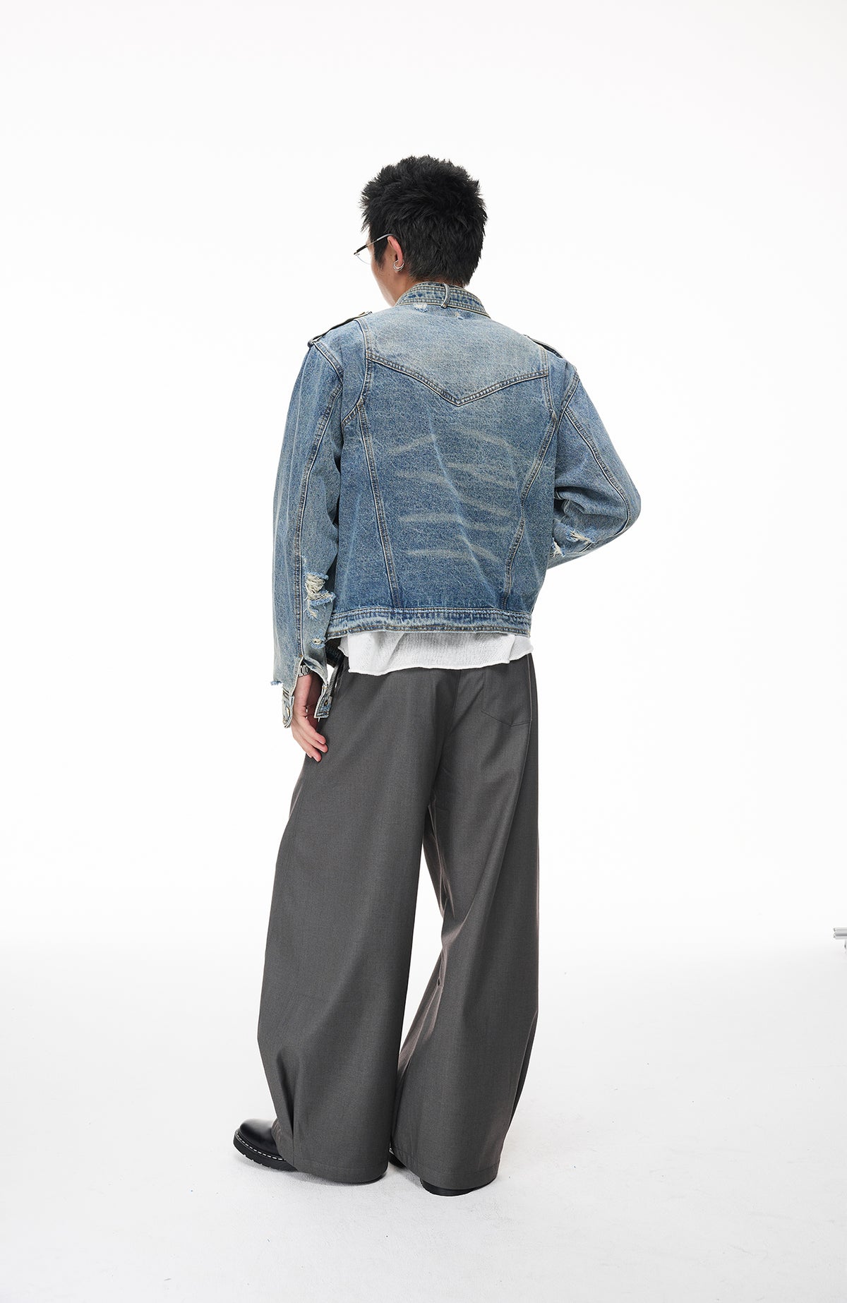 BOTANIC Washed Distressed Denim Biker Jacket