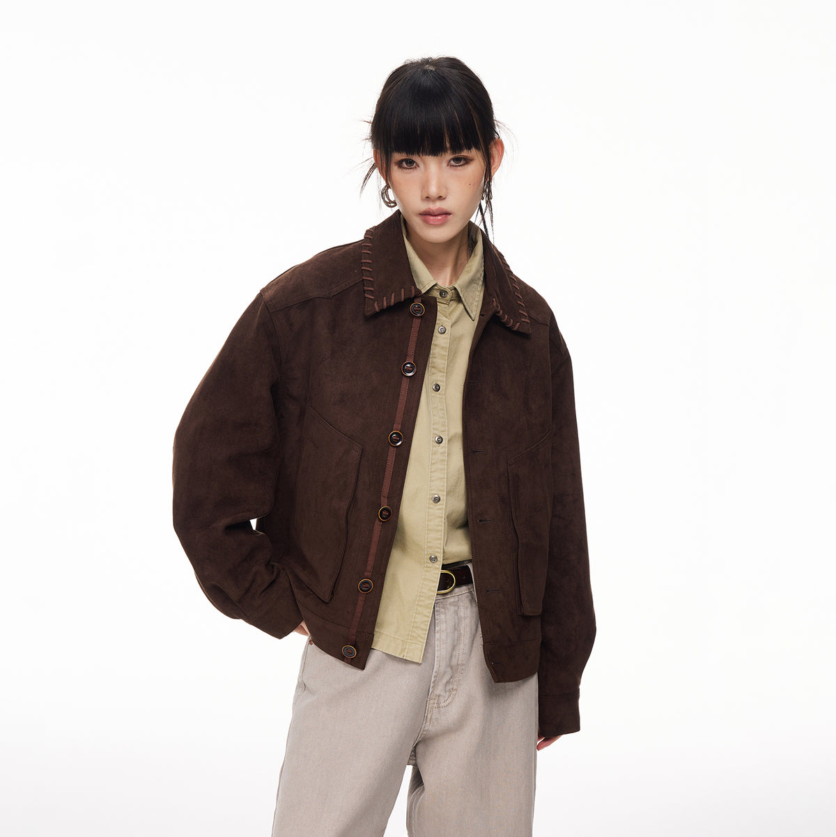 BOTANICA Retro Faux Suede Flap-Pocket Biker Jacket