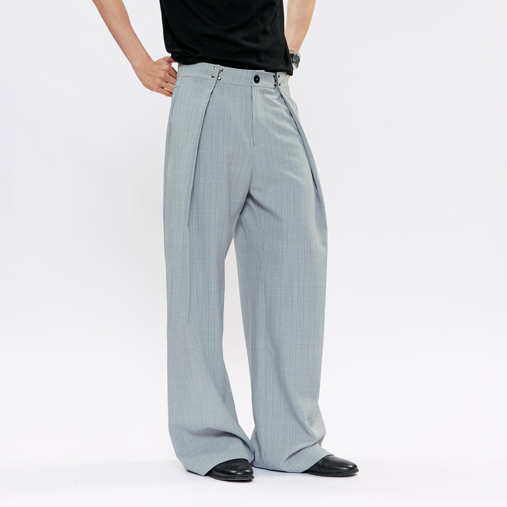 KREATE Pleated Pinstripe Wide-Leg Trousers, premium urban and streetwear designers apparel on PROJECTISR.com, KREATE