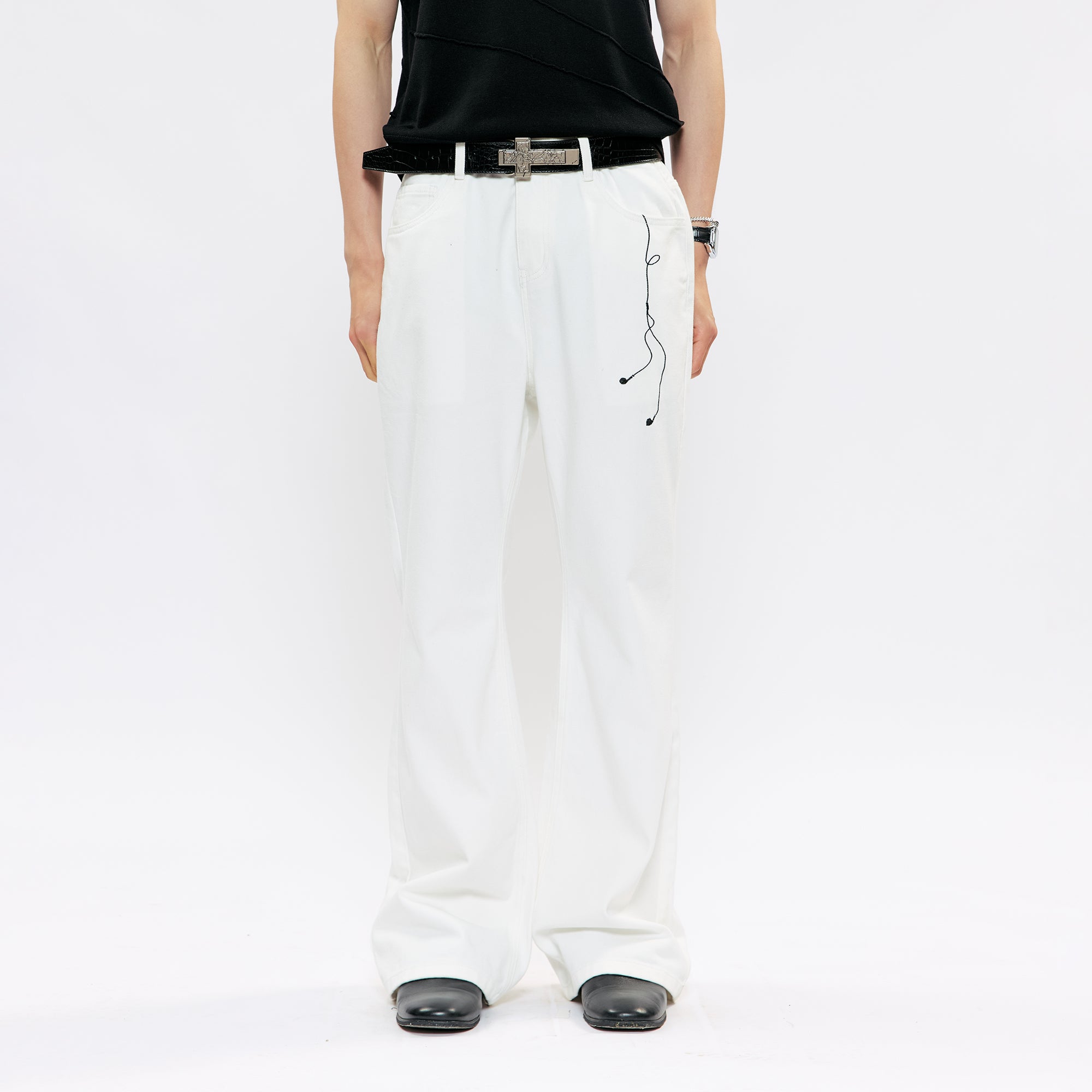 KREATE Music-Note Embroidered Flared Jeans, premium urban and streetwear designers apparel on PROJECTISR.com, KREATE