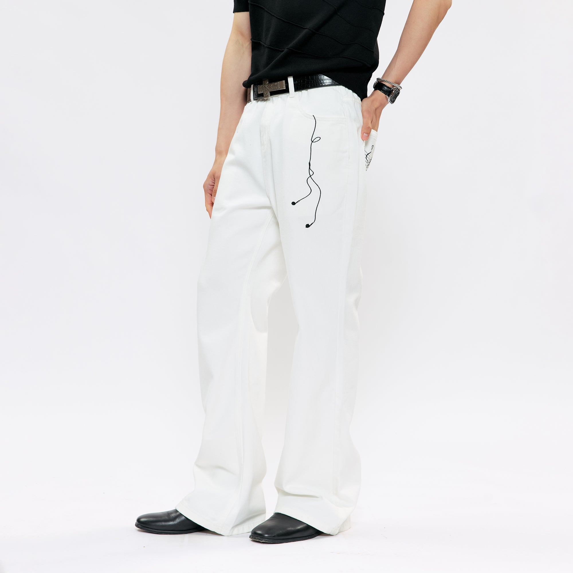 KREATE Music-Note Embroidered Flared Jeans, premium urban and streetwear designers apparel on PROJECTISR.com, KREATE