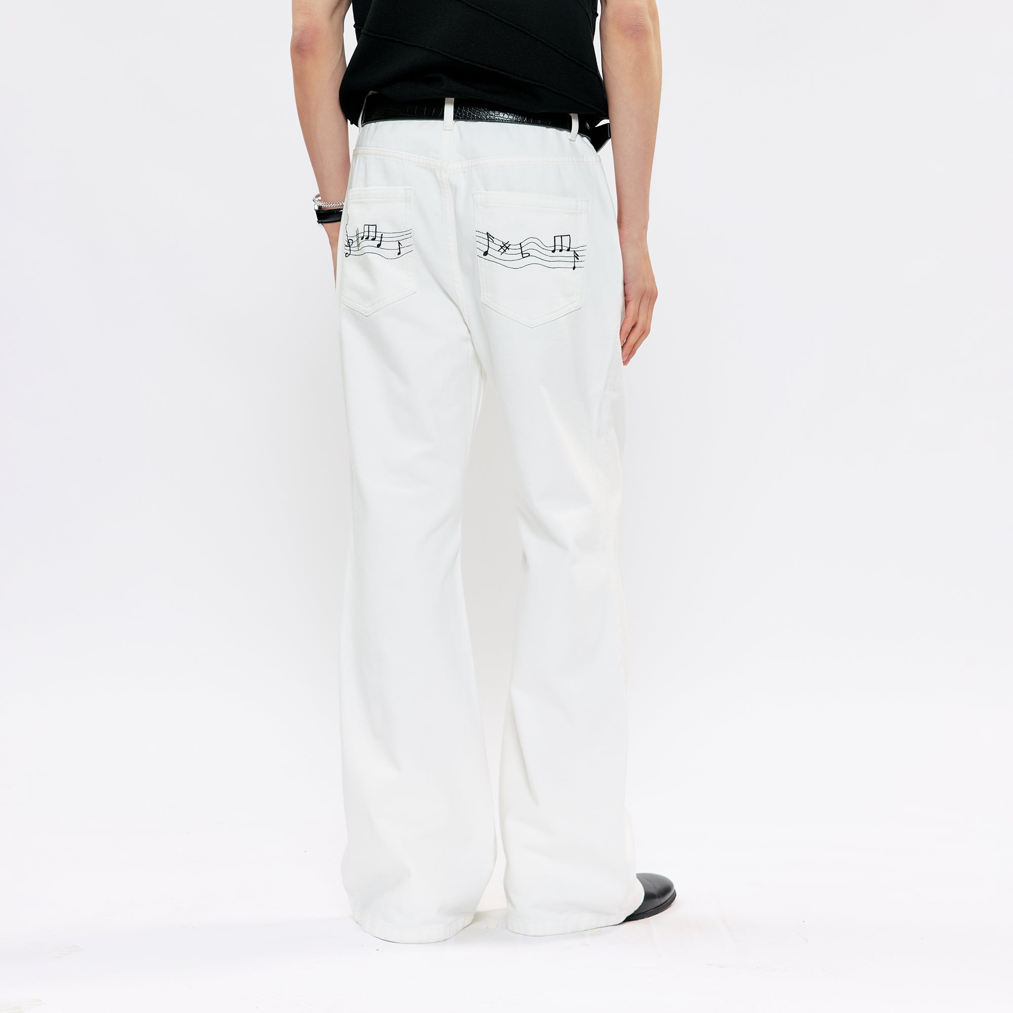 KREATE Music-Note Embroidered Flared Jeans, premium urban and streetwear designers apparel on PROJECTISR.com, KREATE