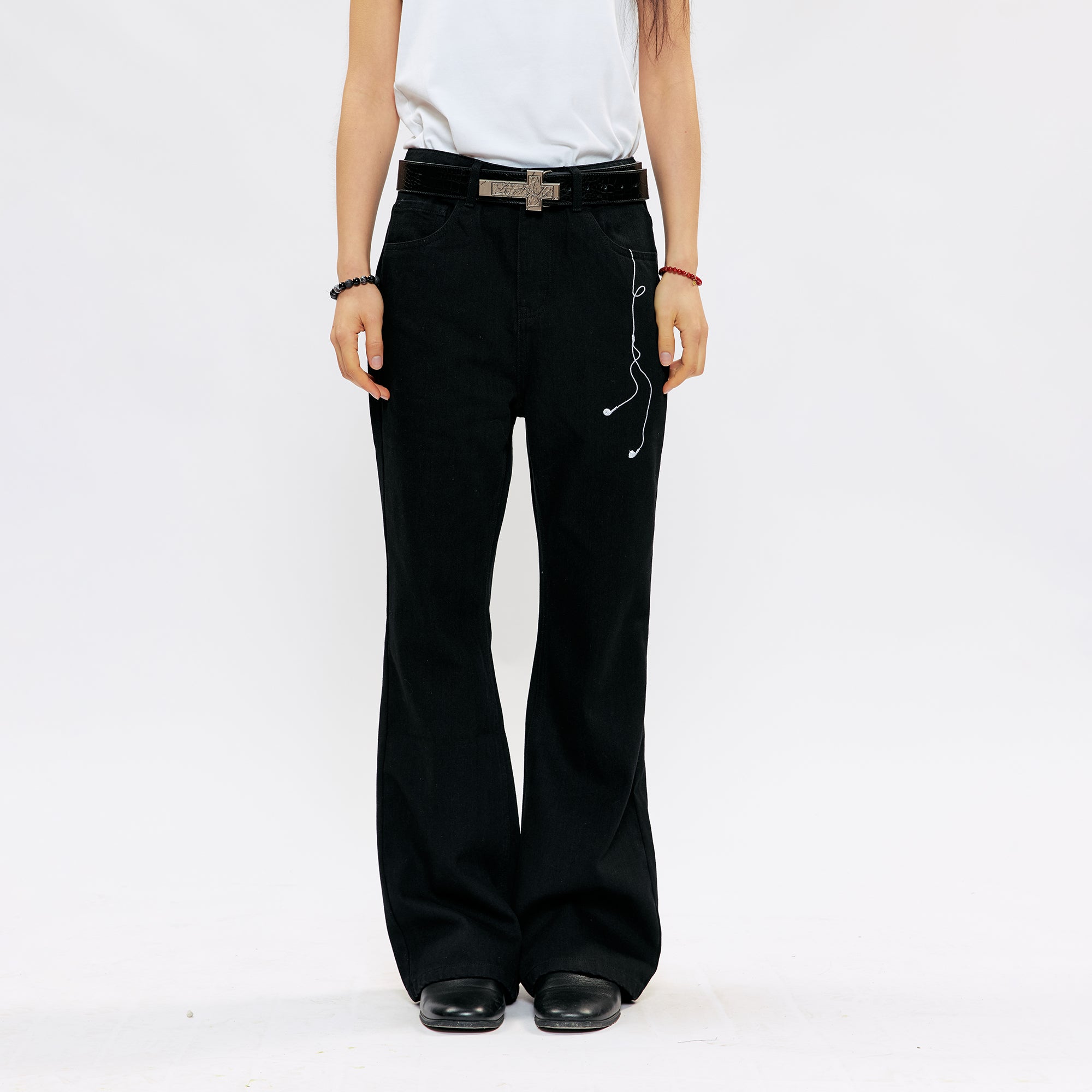KREATE Music-Note Embroidered Flared Jeans, premium urban and streetwear designers apparel on PROJECTISR.com, KREATE