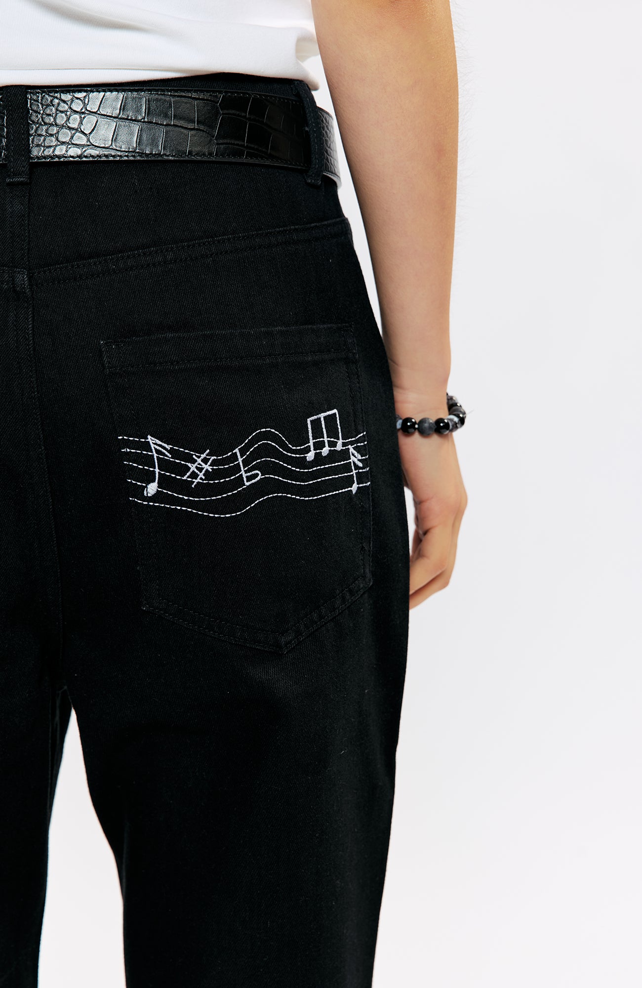 KREATE Music-Note Embroidered Flared Jeans, premium urban and streetwear designers apparel on PROJECTISR.com, KREATE