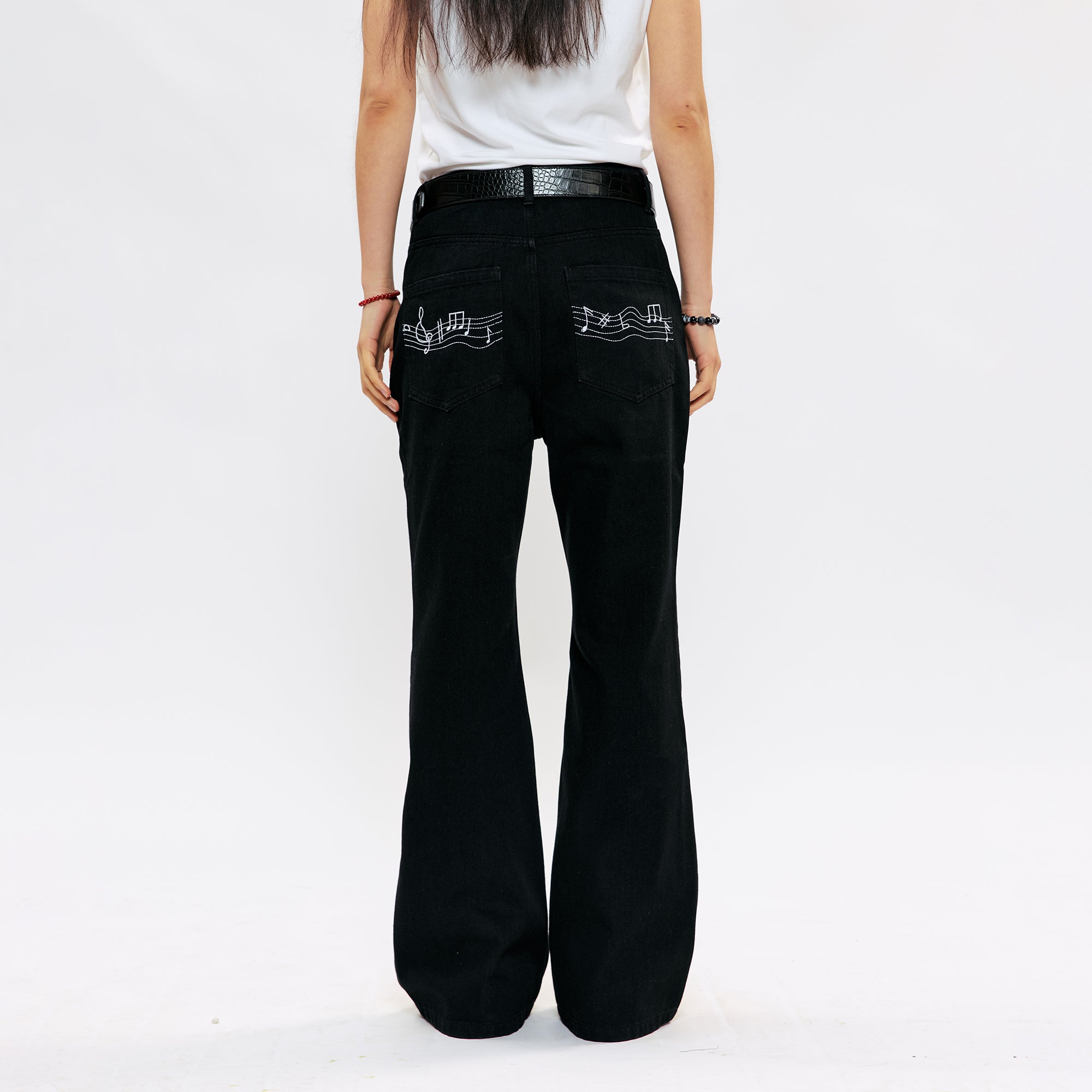 KREATE Music-Note Embroidered Flared Jeans, premium urban and streetwear designers apparel on PROJECTISR.com, KREATE