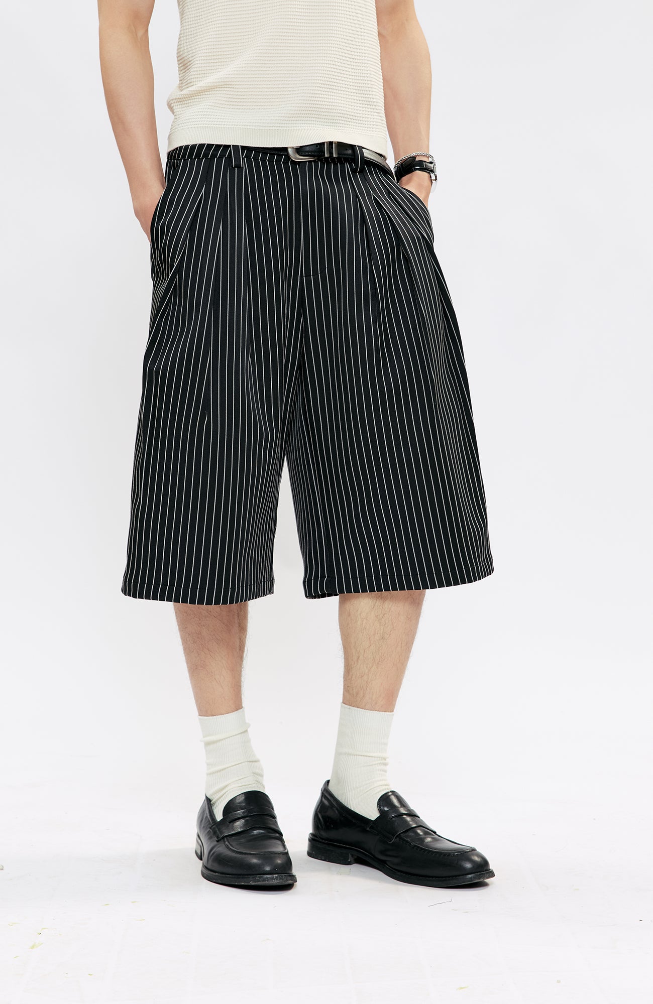 KREATE Pinstripe Pleated Suit Shorts, premium urban and streetwear designers apparel on PROJECTISR.com, KREATE