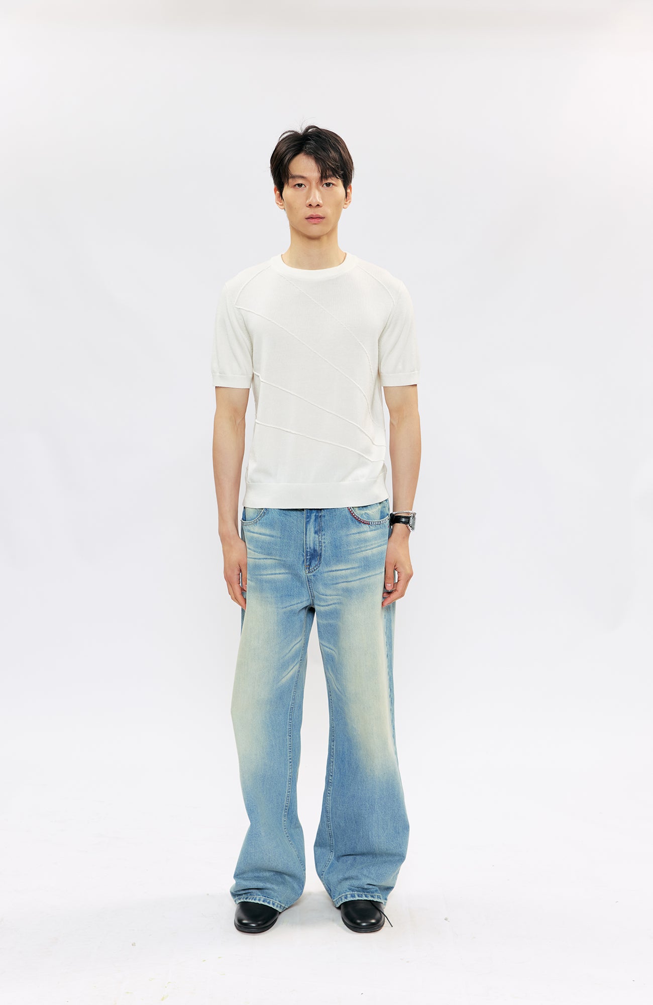 KREATE KREATE Cross-Stitch Wide-Leg Washed Jeans, premium urban and streetwear designers apparel on PROJECTISR.com, KREATE