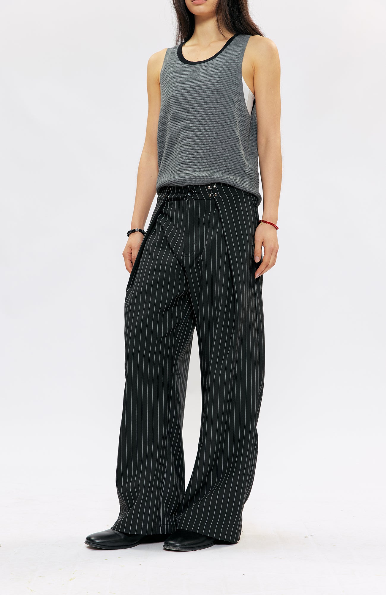 KREATE Pleated Pinstripe Wide-Leg Trousers, premium urban and streetwear designers apparel on PROJECTISR.com, KREATE