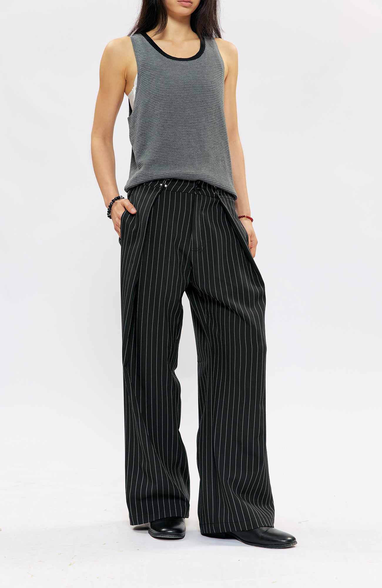 KREATE Pleated Pinstripe Wide-Leg Trousers, premium urban and streetwear designers apparel on PROJECTISR.com, KREATE