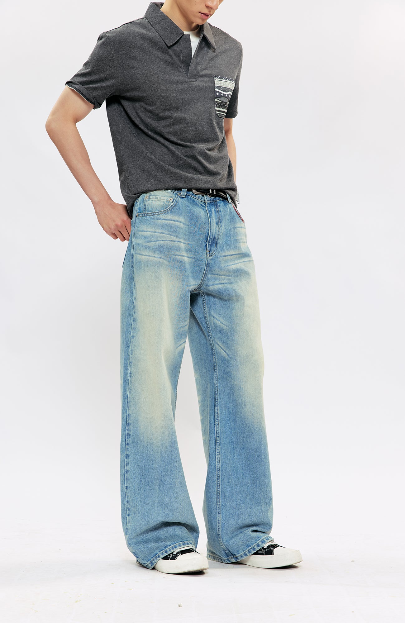 KREATE KREATE Cross-Stitch Wide-Leg Washed Jeans, premium urban and streetwear designers apparel on PROJECTISR.com, KREATE