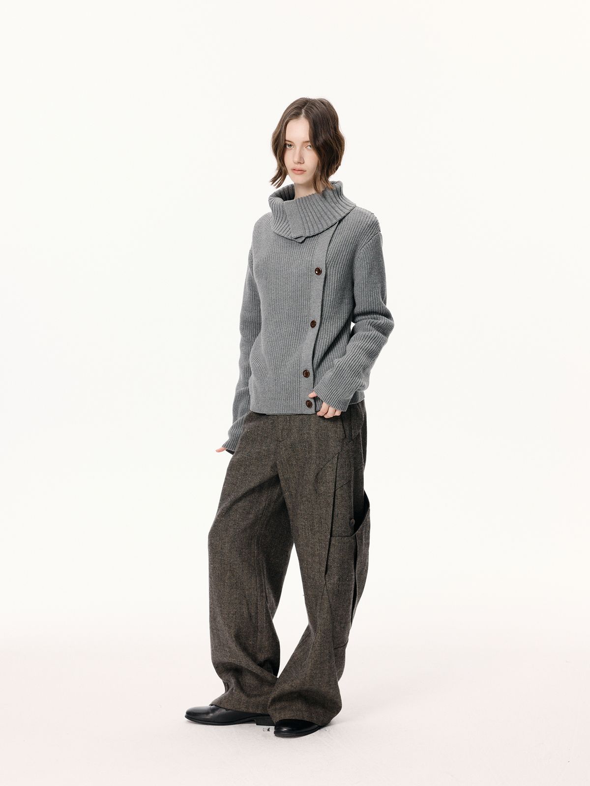 KREATE Asymmetrical Collar Ribbed Open-Front Sweater