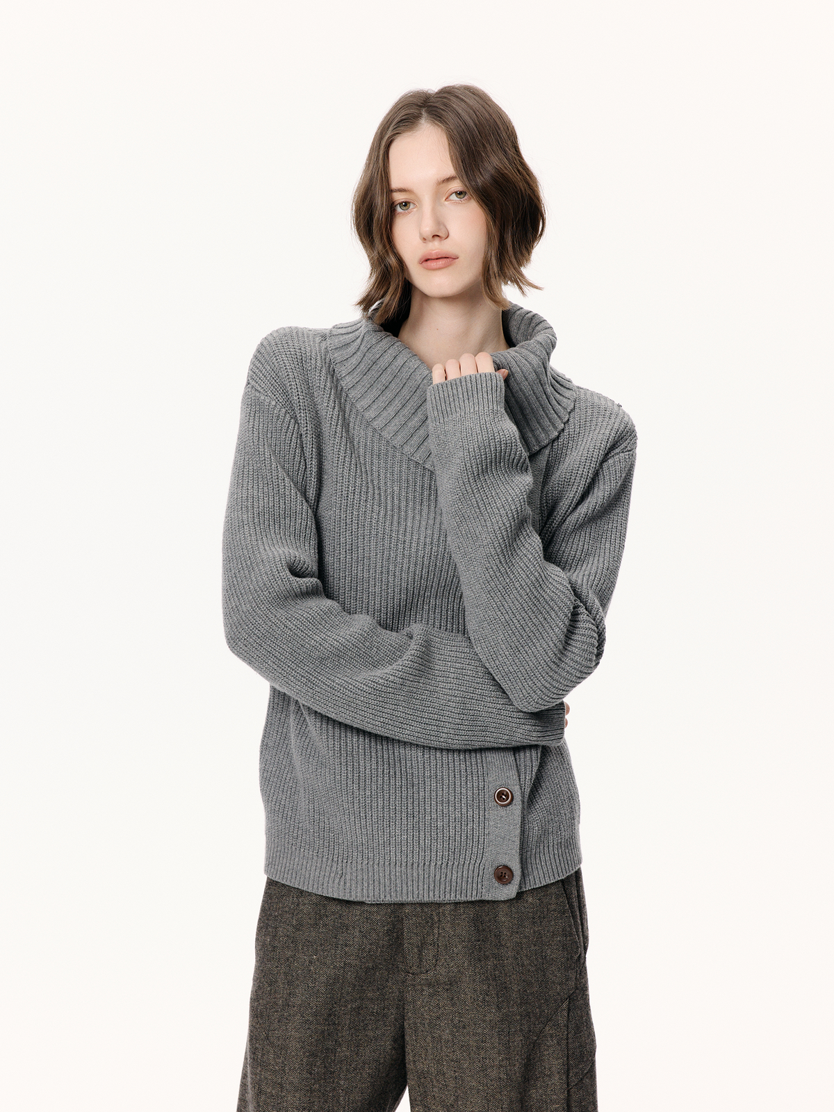 KREATE Asymmetrical Collar Ribbed Open-Front Sweater
