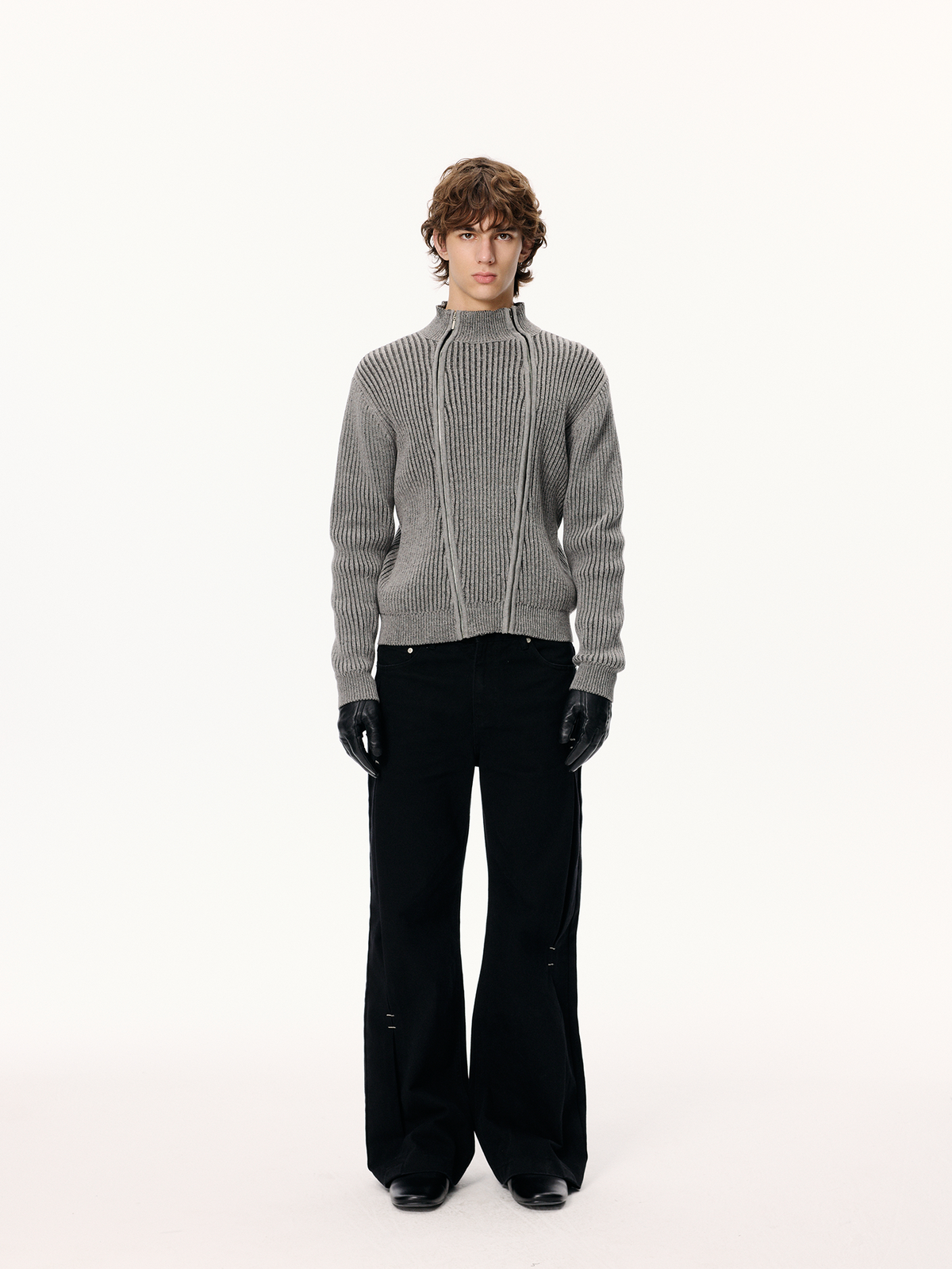KREATE Double-Zip Ribbed Knit Stand-Collar Cardigan