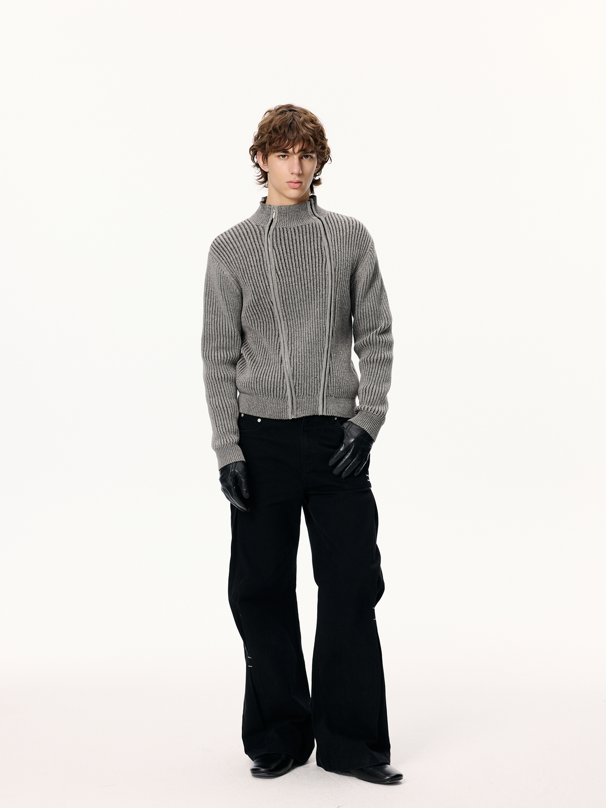 KREATE Double-Zip Ribbed Knit Stand-Collar Cardigan