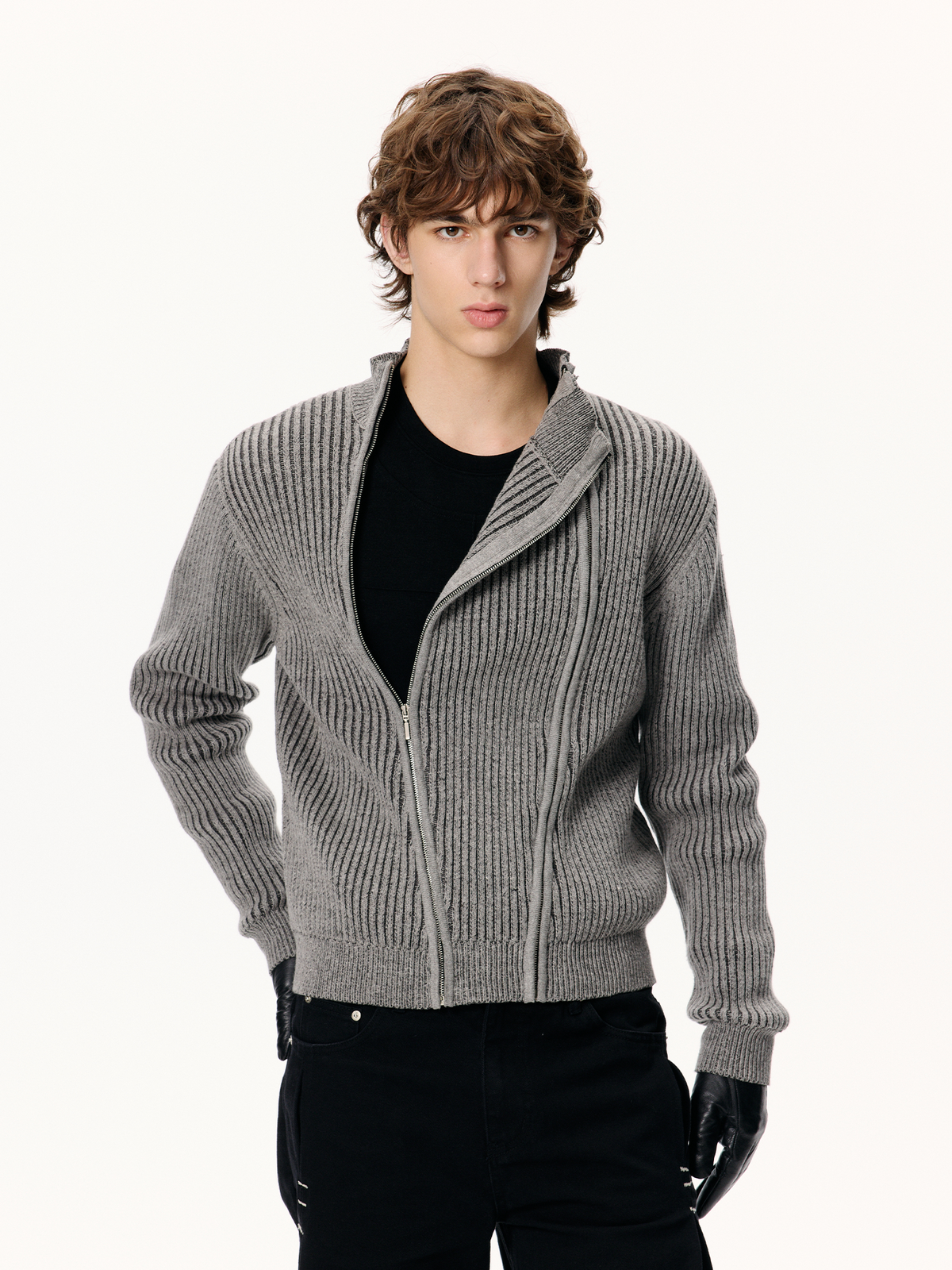 KREATE Double-Zip Ribbed Knit Stand-Collar Cardigan