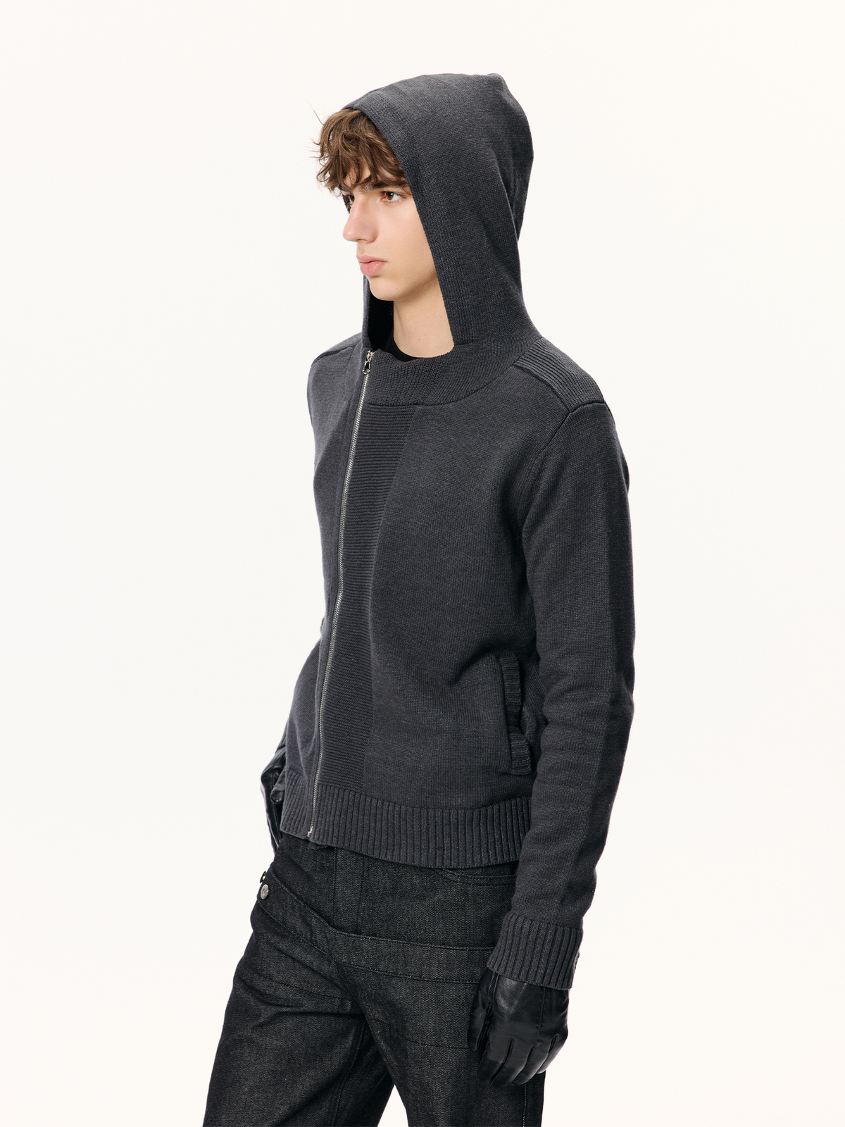 KREATE Ribbed Spliced Zip-Up Hoodie Cardigan