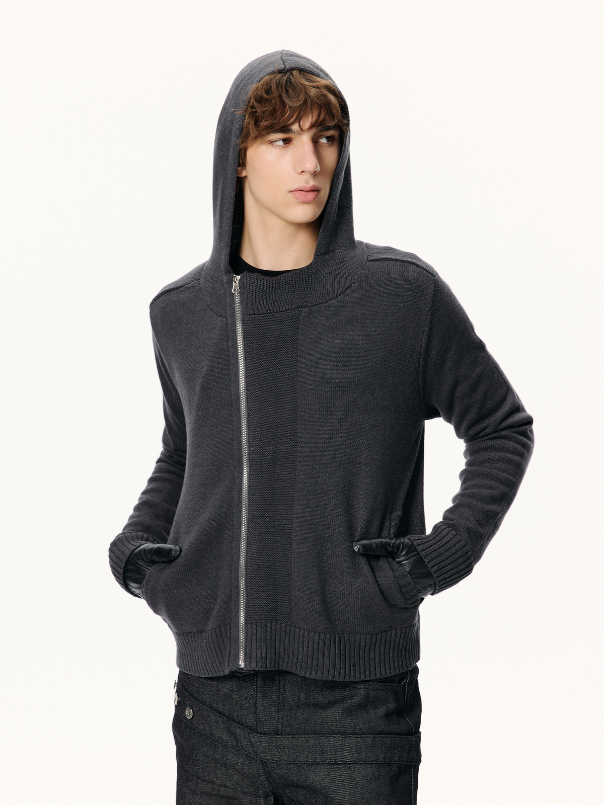KREATE Ribbed Spliced Zip-Up Hoodie Cardigan
