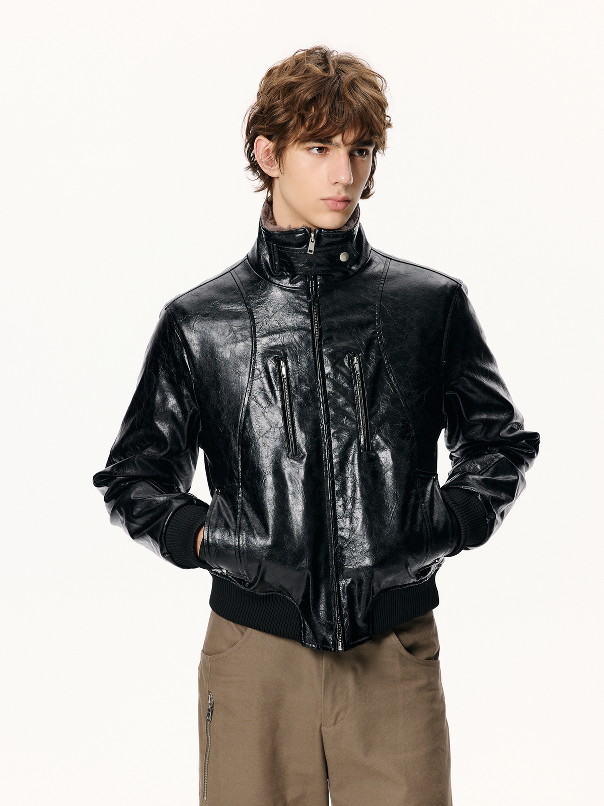 KREATE Faux Leather Fur-Collar Stand-Collar Padded Jacket