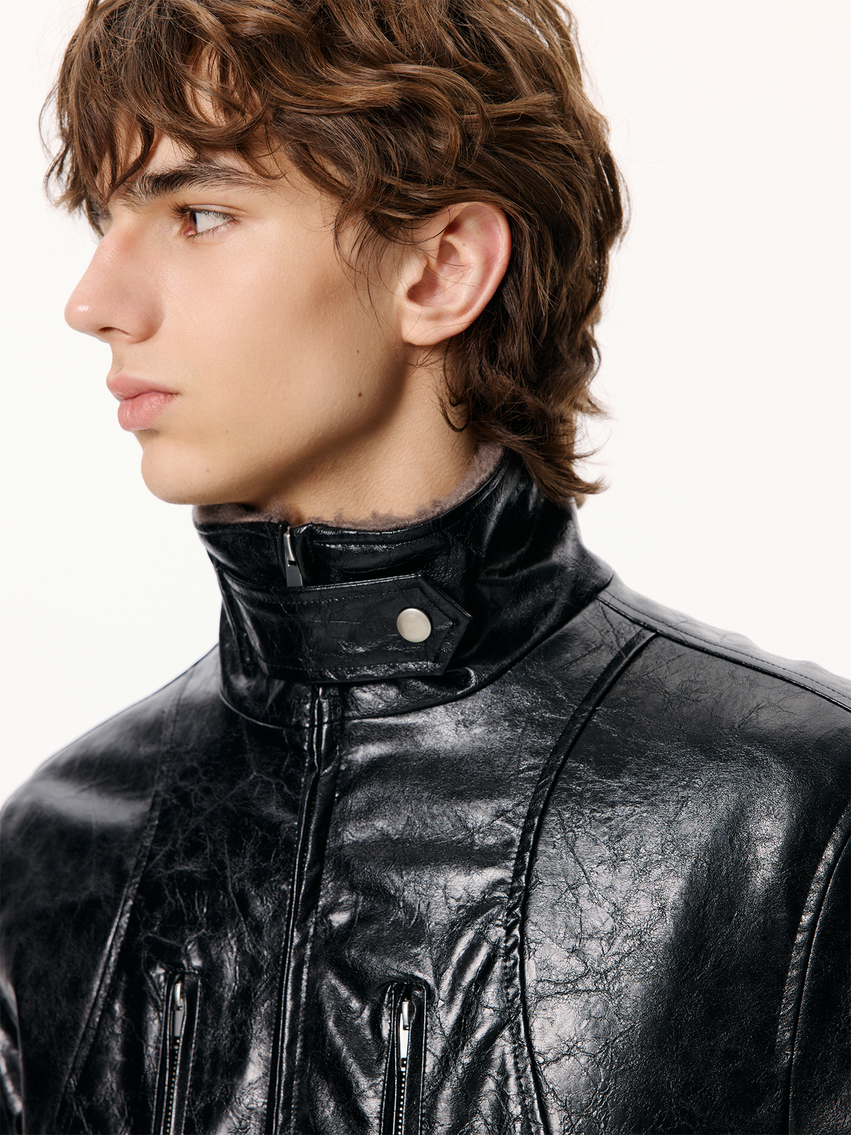 KREATE Faux Leather Fur-Collar Stand-Collar Padded Jacket