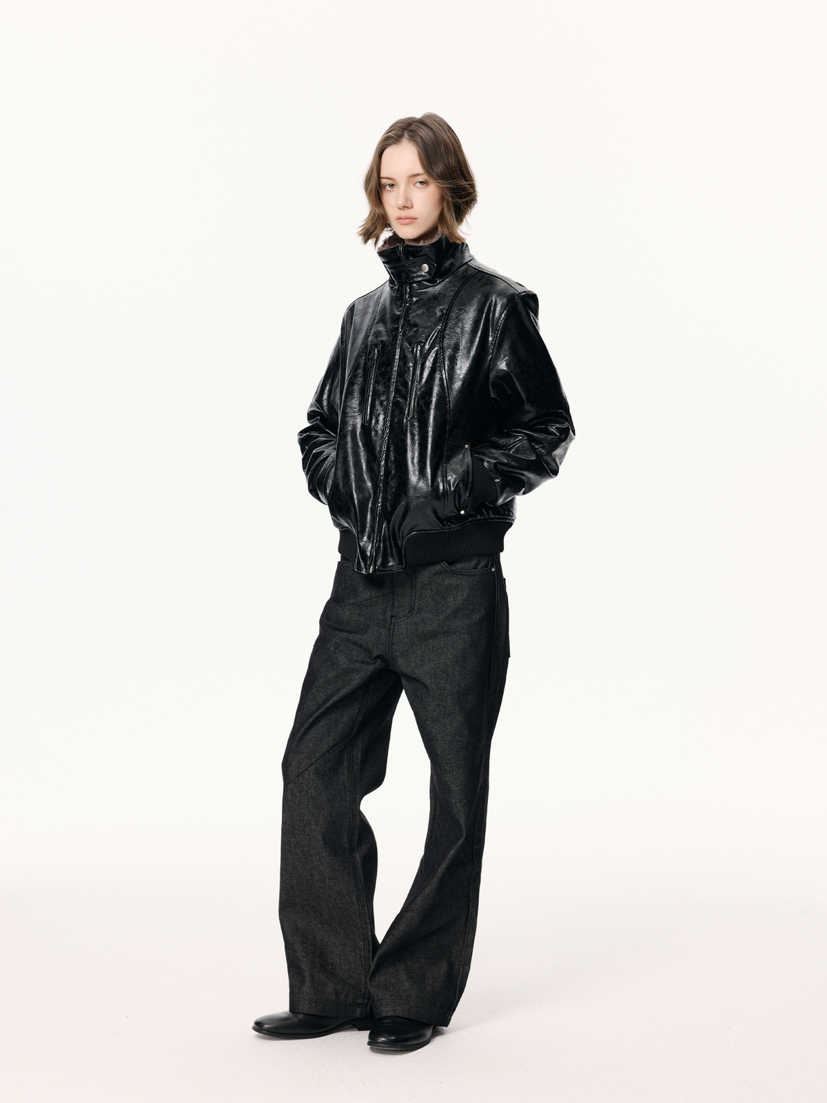 KREATE Faux Leather Fur-Collar Stand-Collar Padded Jacket