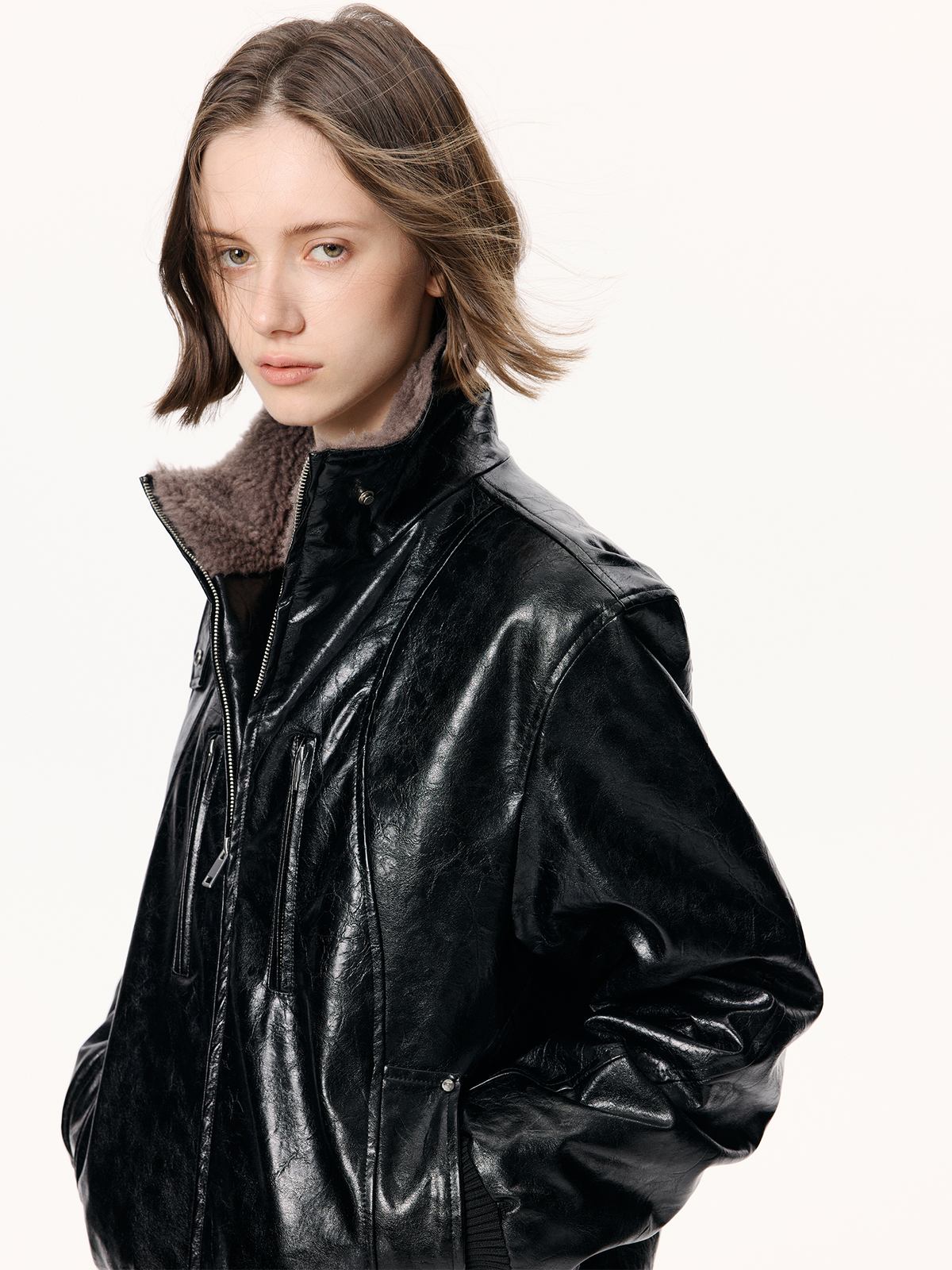 KREATE Faux Leather Fur-Collar Stand-Collar Padded Jacket