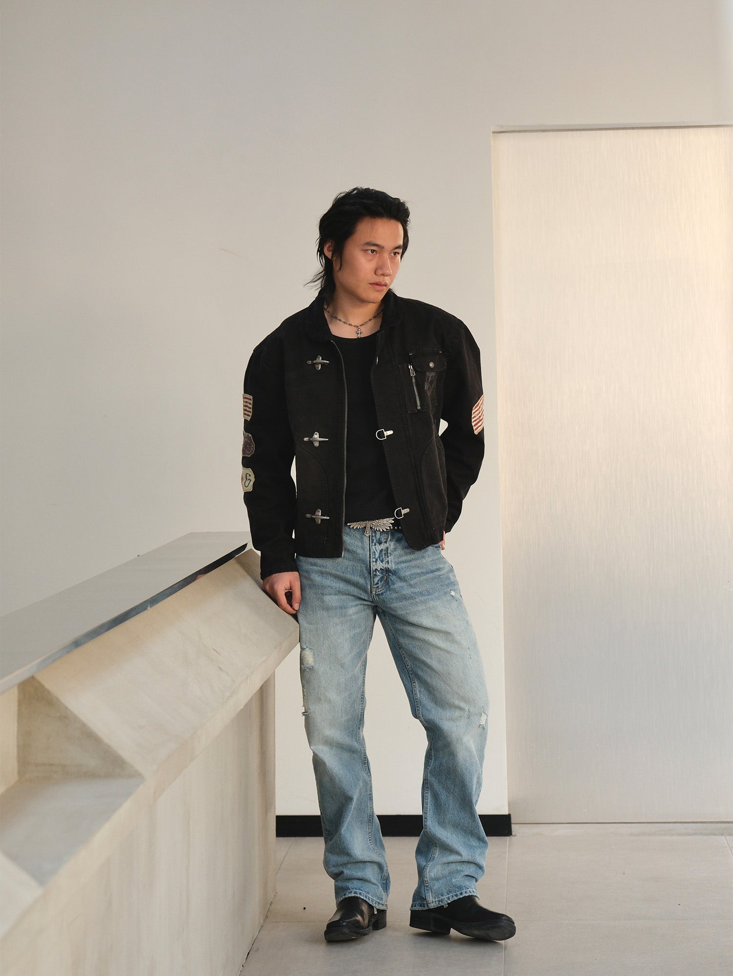NEIGBORL Distressed Flight-Buckle Workwear Jacket, premium urban and streetwear designers apparel on PROJECTISR.com, NEIGBORL