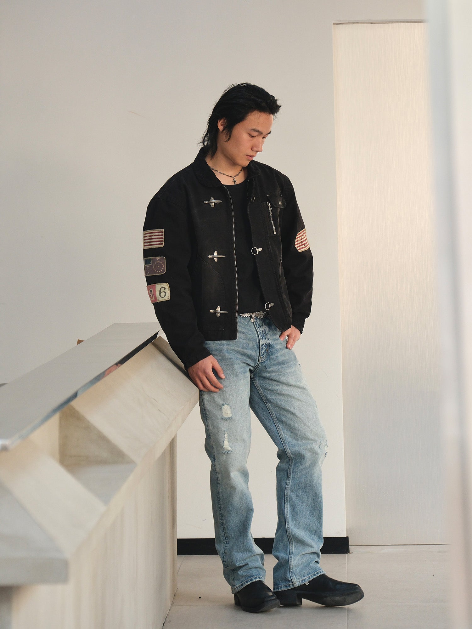 NEIGBORL Distressed Flight-Buckle Workwear Jacket, premium urban and streetwear designers apparel on PROJECTISR.com, NEIGBORL