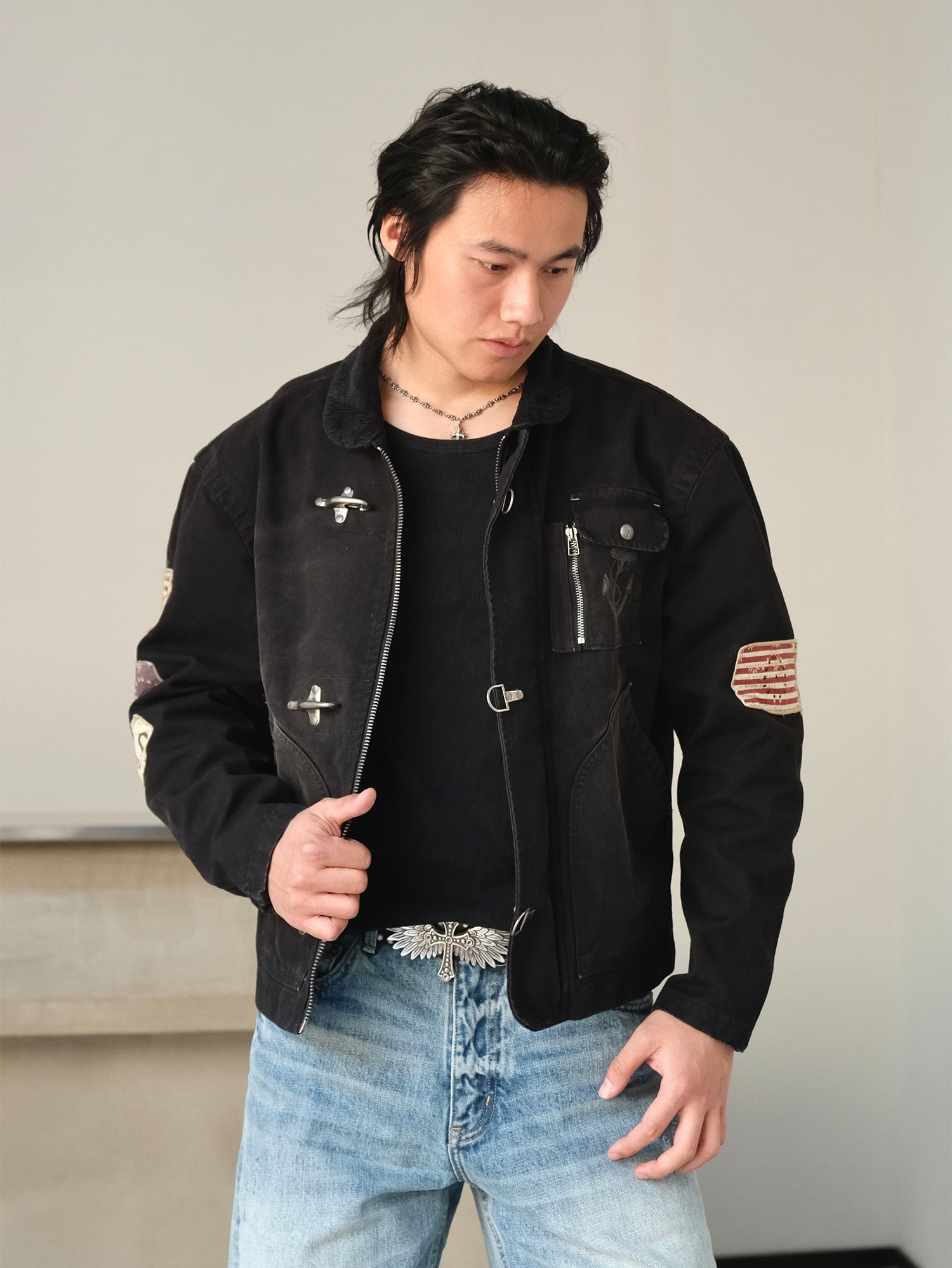 NEIGBORL Distressed Flight-Buckle Workwear Jacket, premium urban and streetwear designers apparel on PROJECTISR.com, NEIGBORL