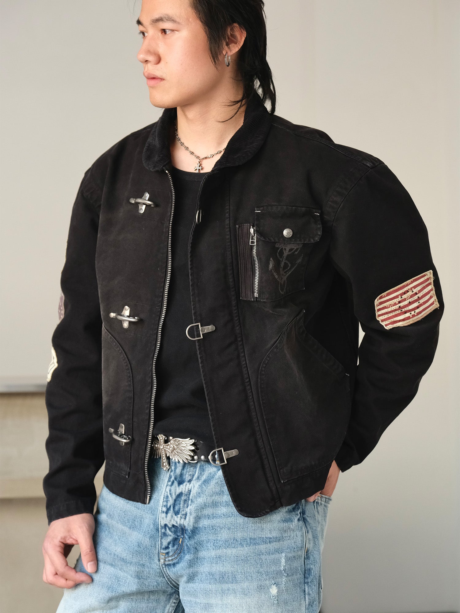 NEIGBORL Distressed Flight-Buckle Workwear Jacket, premium urban and streetwear designers apparel on PROJECTISR.com, NEIGBORL