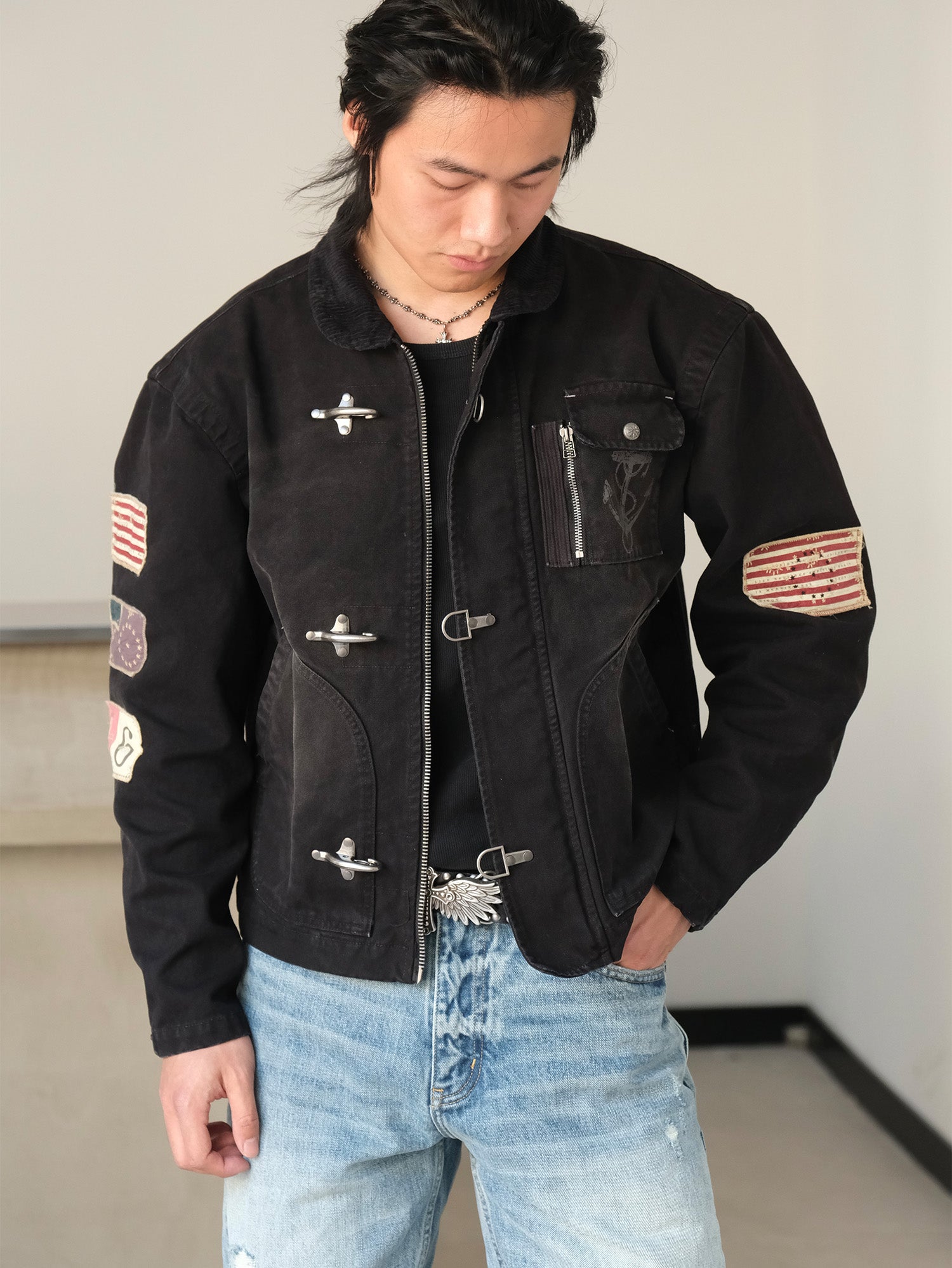 NEIGBORL Distressed Flight-Buckle Workwear Jacket, premium urban and streetwear designers apparel on PROJECTISR.com, NEIGBORL