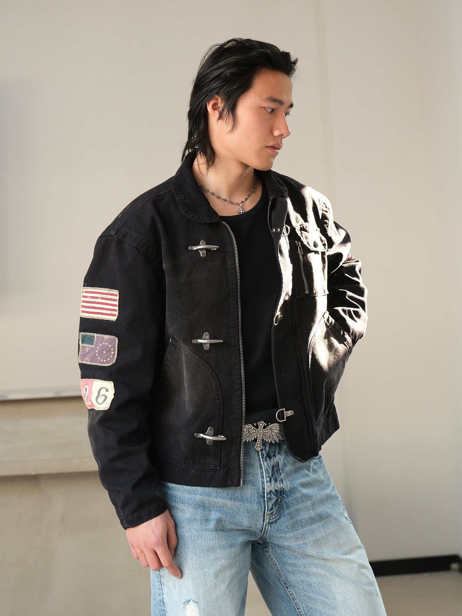 NEIGBORL Distressed Flight-Buckle Workwear Jacket, premium urban and streetwear designers apparel on PROJECTISR.com, NEIGBORL