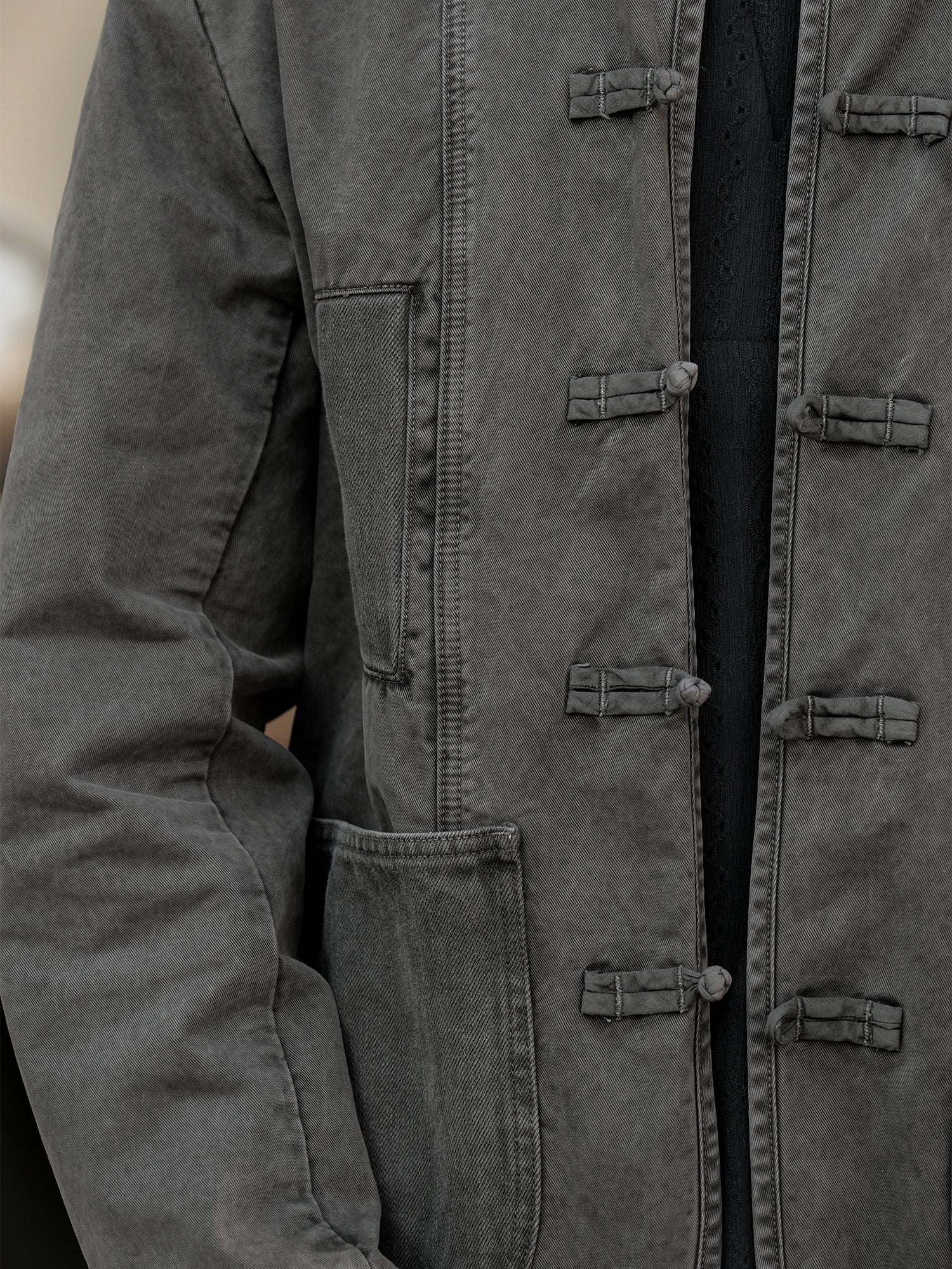 NEIGBORL Washed Frog-Closure Stand-Collar Jacket, premium urban and streetwear designers apparel on PROJECTISR.com, NEIGBORL