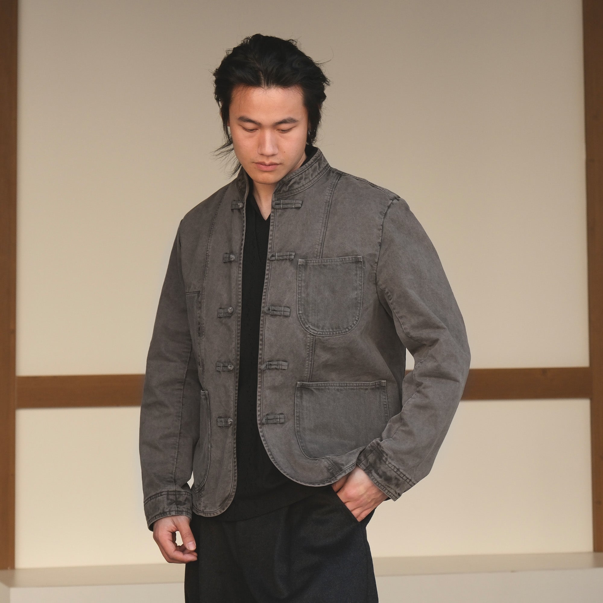 NEIGBORL Washed Frog-Closure Stand-Collar Jacket, premium urban and streetwear designers apparel on PROJECTISR.com, NEIGBORL