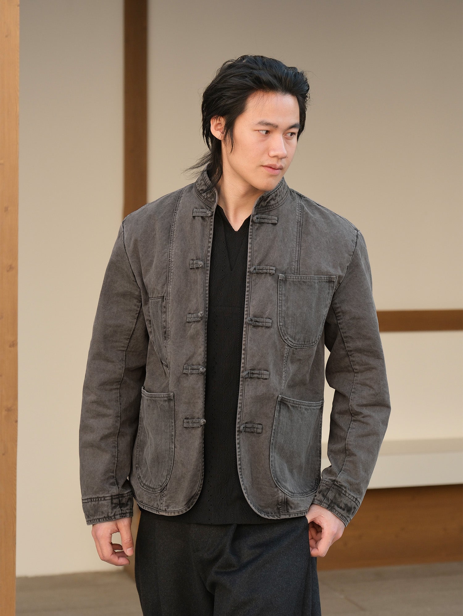 NEIGBORL Washed Frog-Closure Stand-Collar Jacket, premium urban and streetwear designers apparel on PROJECTISR.com, NEIGBORL