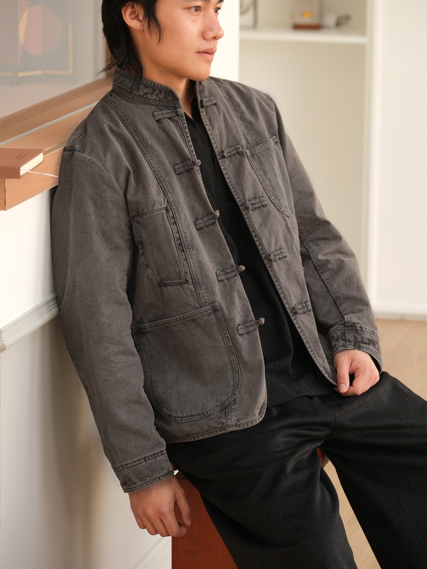 NEIGBORL Washed Frog-Closure Stand-Collar Jacket, premium urban and streetwear designers apparel on PROJECTISR.com, NEIGBORL