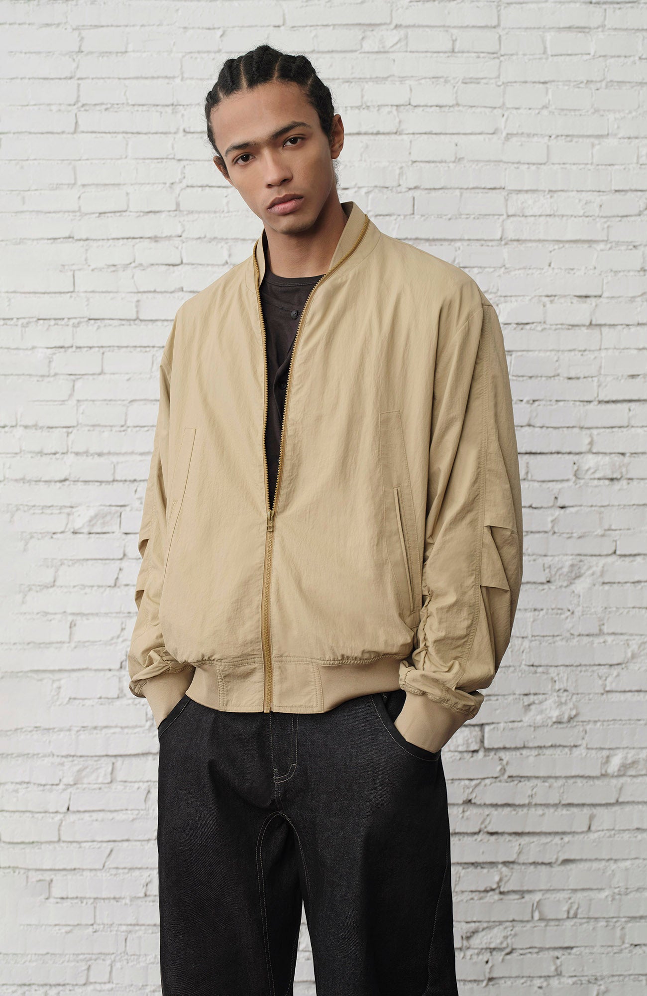 ORGANIC Ruched-Sleeve Bomber Jacket, premium urban and streetwear designers apparel on PROJECTISR.com, ORGANIC EMOTION