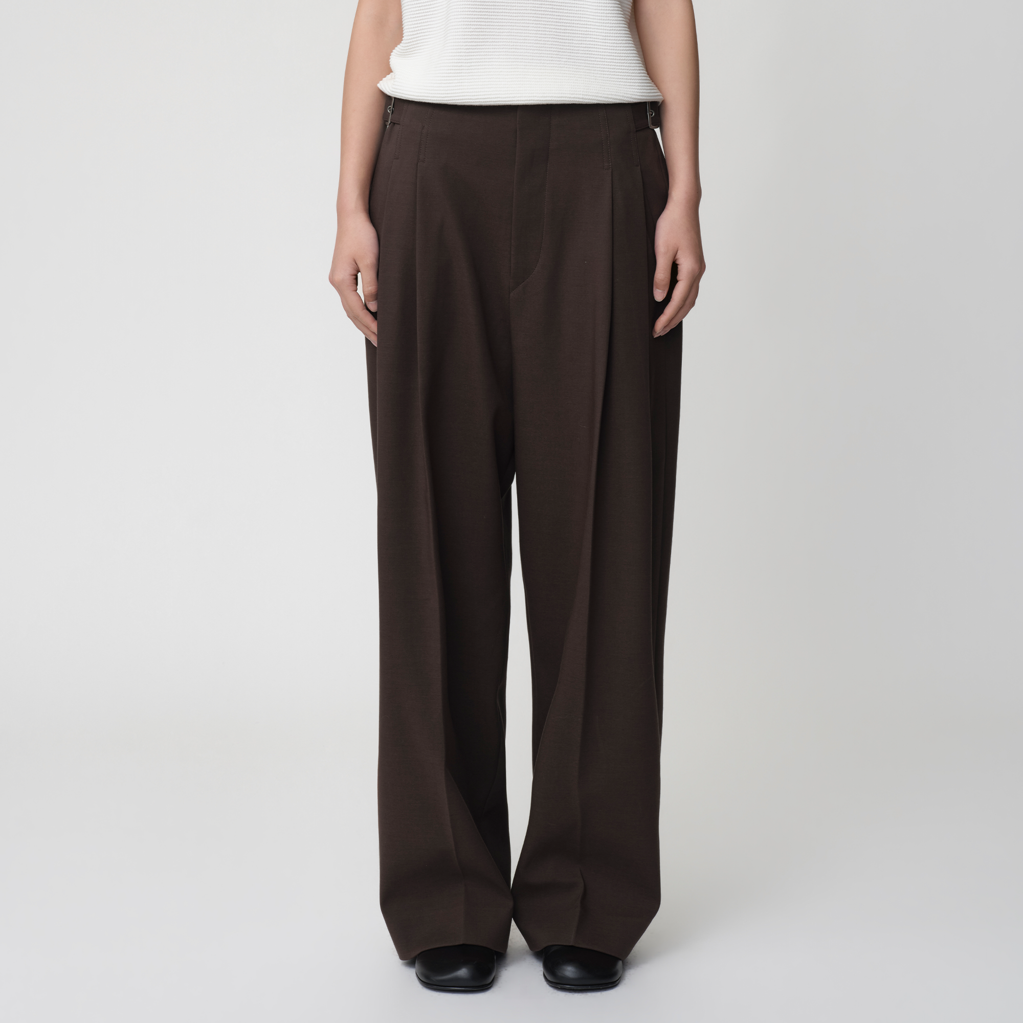 OPICLOTH Retro Double-Pleated Buckle-Tab Trousers, premium urban and streetwear designers apparel on PROJECTISR.com, OPICLOTH