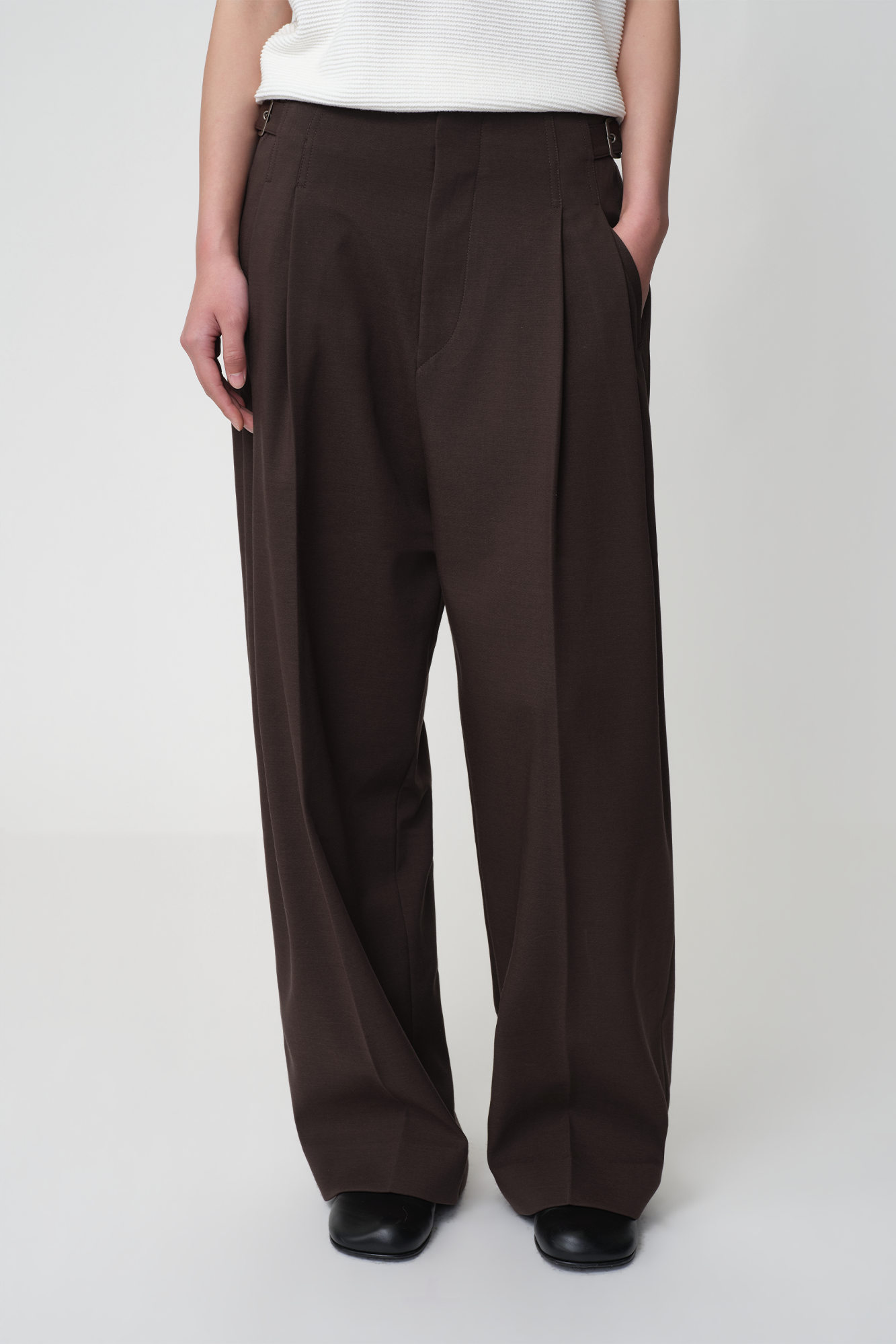 OPICLOTH Retro Double-Pleated Buckle-Tab Trousers, premium urban and streetwear designers apparel on PROJECTISR.com, OPICLOTH
