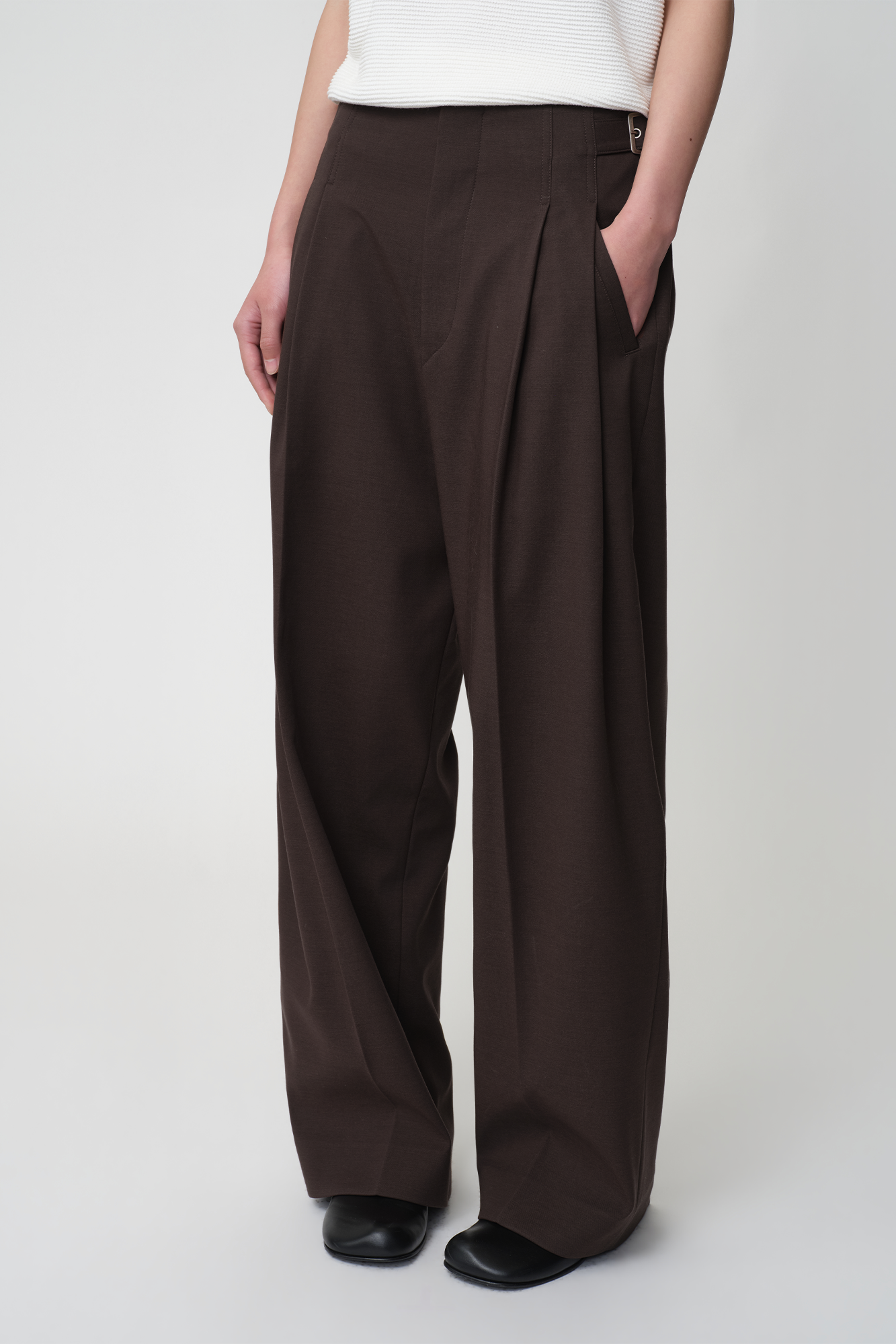 OPICLOTH Retro Double-Pleated Buckle-Tab Trousers, premium urban and streetwear designers apparel on PROJECTISR.com, OPICLOTH