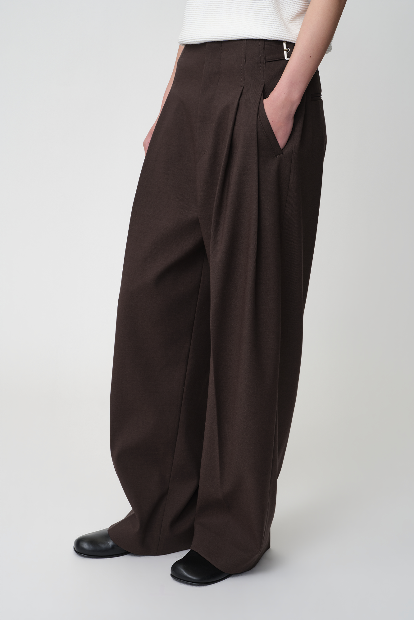 OPICLOTH Retro Double-Pleated Buckle-Tab Trousers, premium urban and streetwear designers apparel on PROJECTISR.com, OPICLOTH